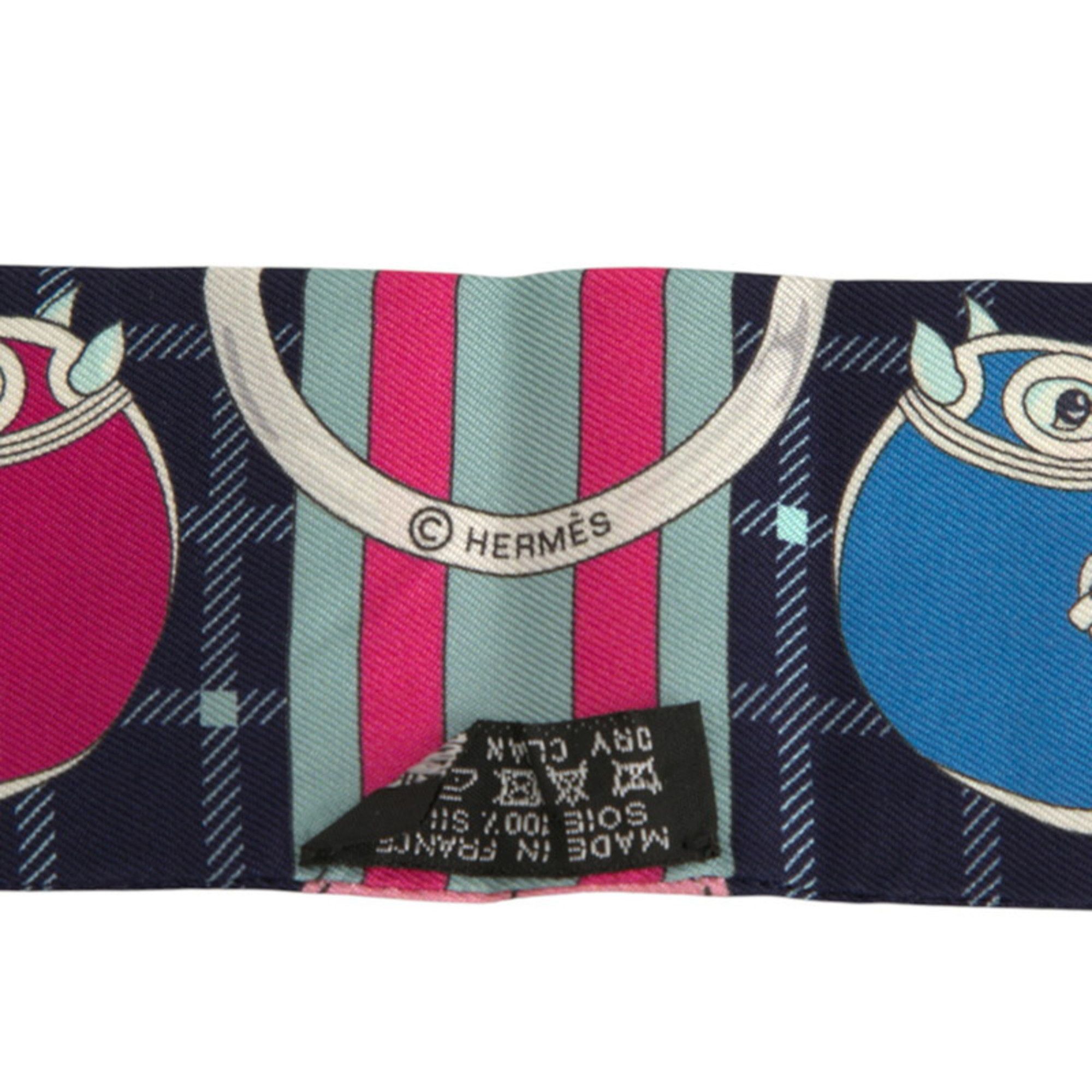 Hermes Hermes Hermès Twilly TATERSALE Tattersall Scarf/Muffler in Navy, Pink, and Multicolor Silk for Women Size ONE SIZE - 3 Thumbnail