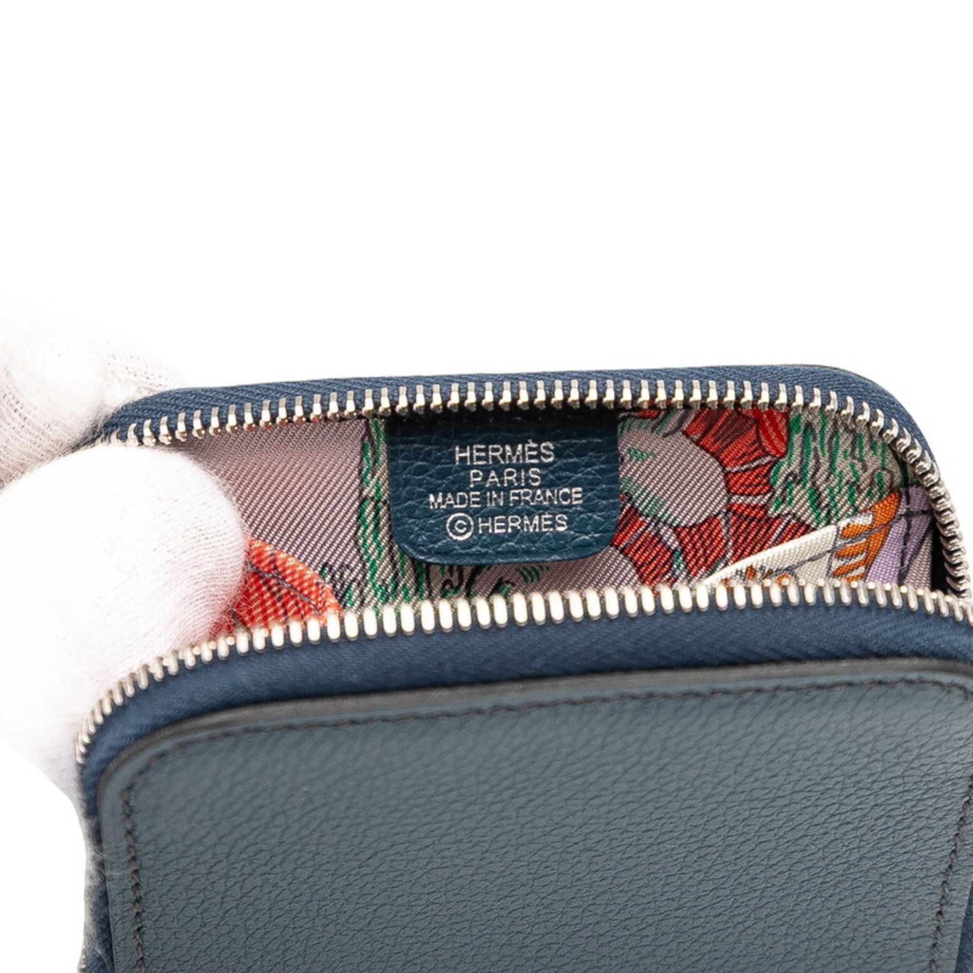 Hermes Hermès Azap Silkin Compact Wallet/Coin Case, Navy Blue with Silver Hardware, Evercolor, Women's, HERMES Size ONE SIZE - 5 Thumbnail