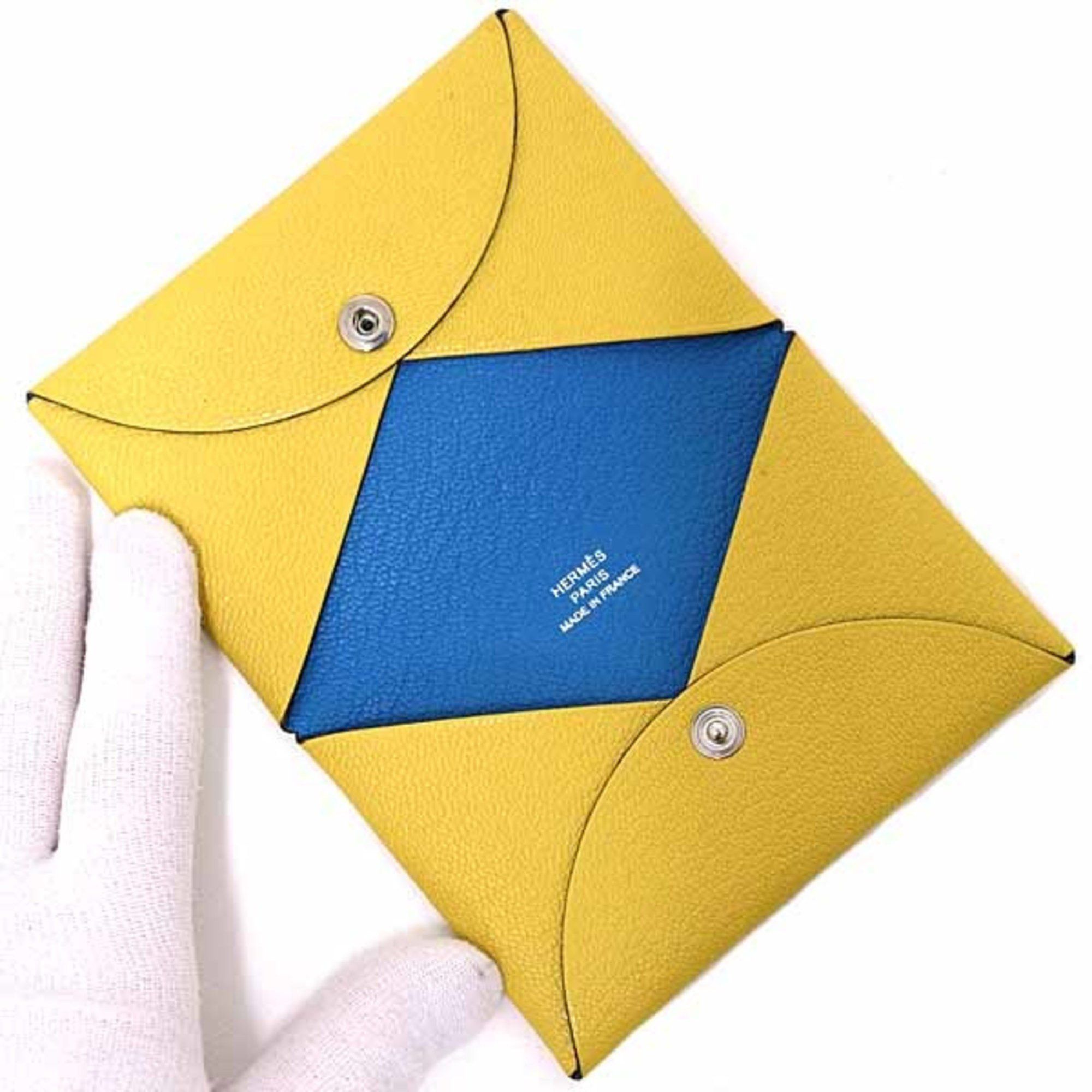 Hermes Hermes Hermès Calvi Verso Card Case/Business Holder, Chevre Mysore, B Stamp, 2023, Yellow/Blue Size ONE SIZE - 4 Thumbnail