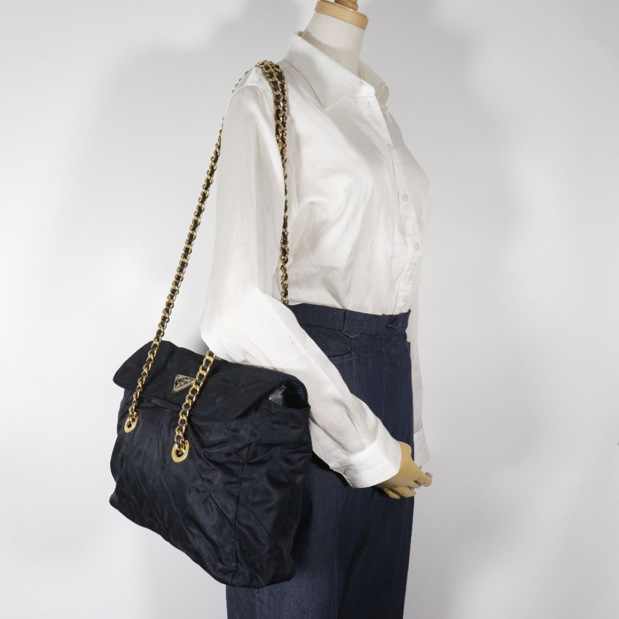 Prada PRADA Chain Shoulder Bag Quilted Nylon Navy A5 Type ChainShoulder Women's Size ONE SIZE - 17 Thumbnail