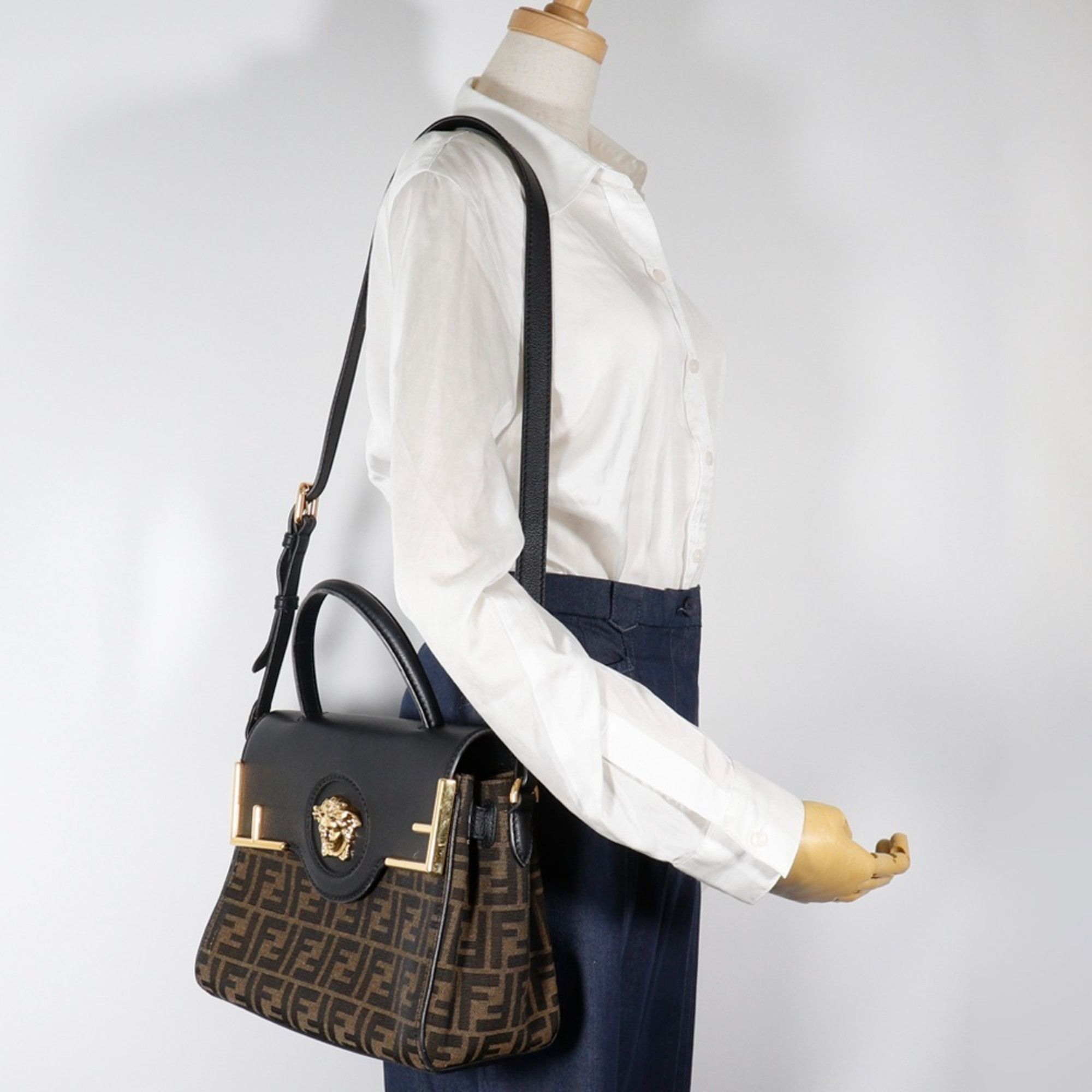 Fendi Fendi La Medusa Zucca handbag and Versace Fendace shoulder bag in nylon canvas leather, black/brown, 2-way, A5 size, for women. Size ONE SIZE - 19 Thumbnail