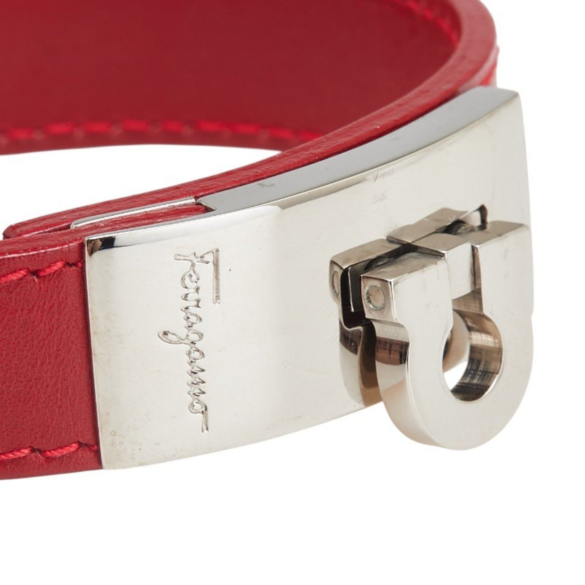 Salvatore Ferragamo Salvatore Ferragamo Gancini Bracelet in Red, Silver, Leather and Metal for Women Size ONE SIZE - 3 Thumbnail