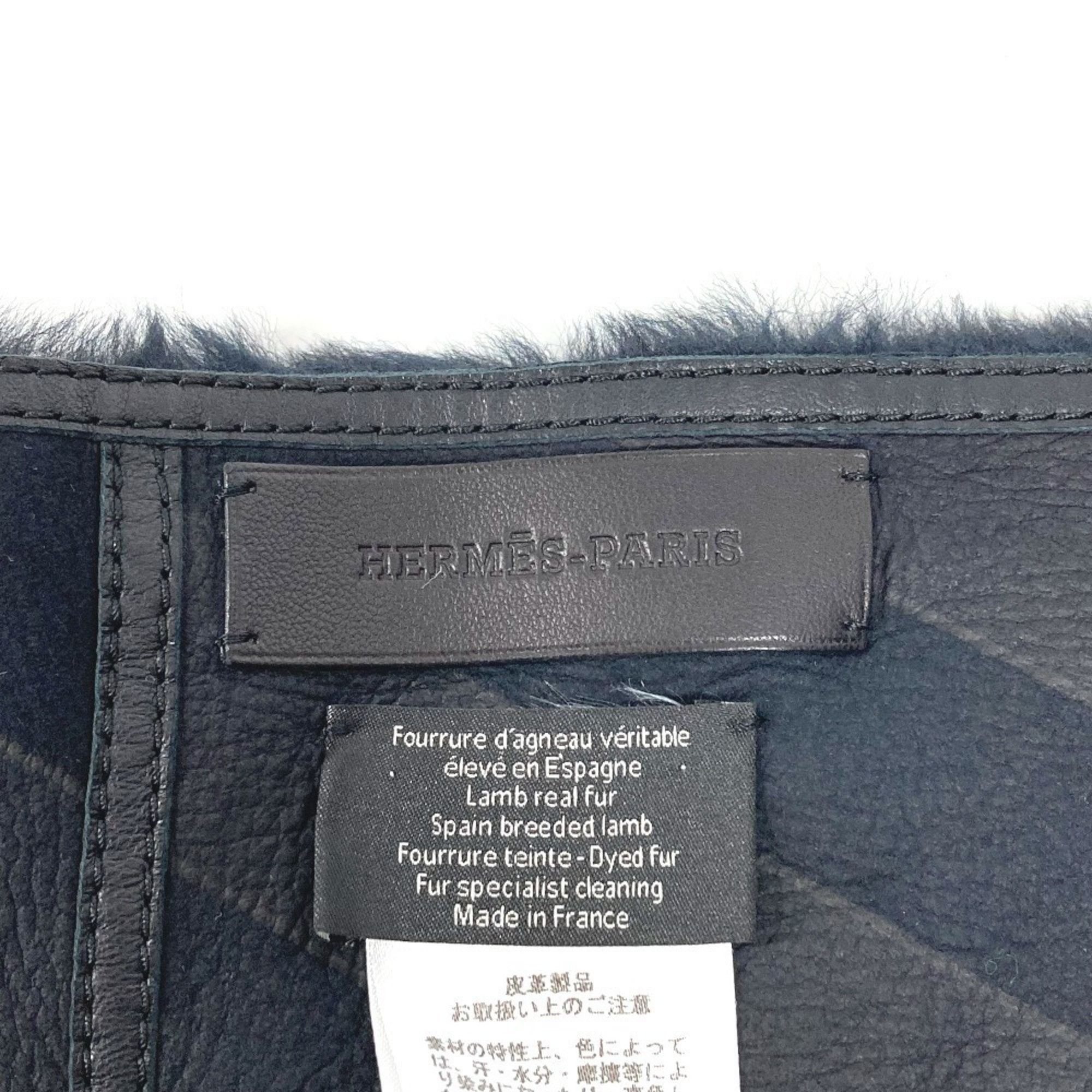HERMES Leather Fur Shawl Stole Scarf Men