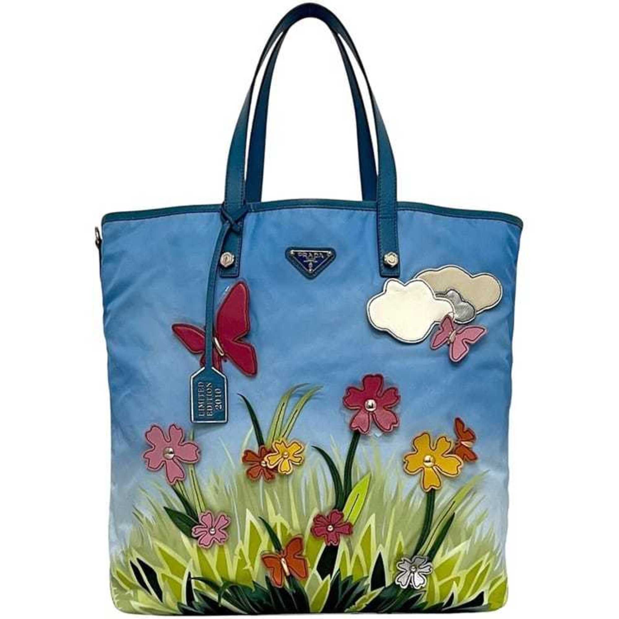 Prada Prada Tote Bag ec-24460 Blue Tessuto 2010 Limited Edition B4605C Nylon and Saffiano Leather 180cm PRADA Butterfly, Grass, Sky, Flower, Light Print Women's Size ONE SIZE - 2 Thumbnail