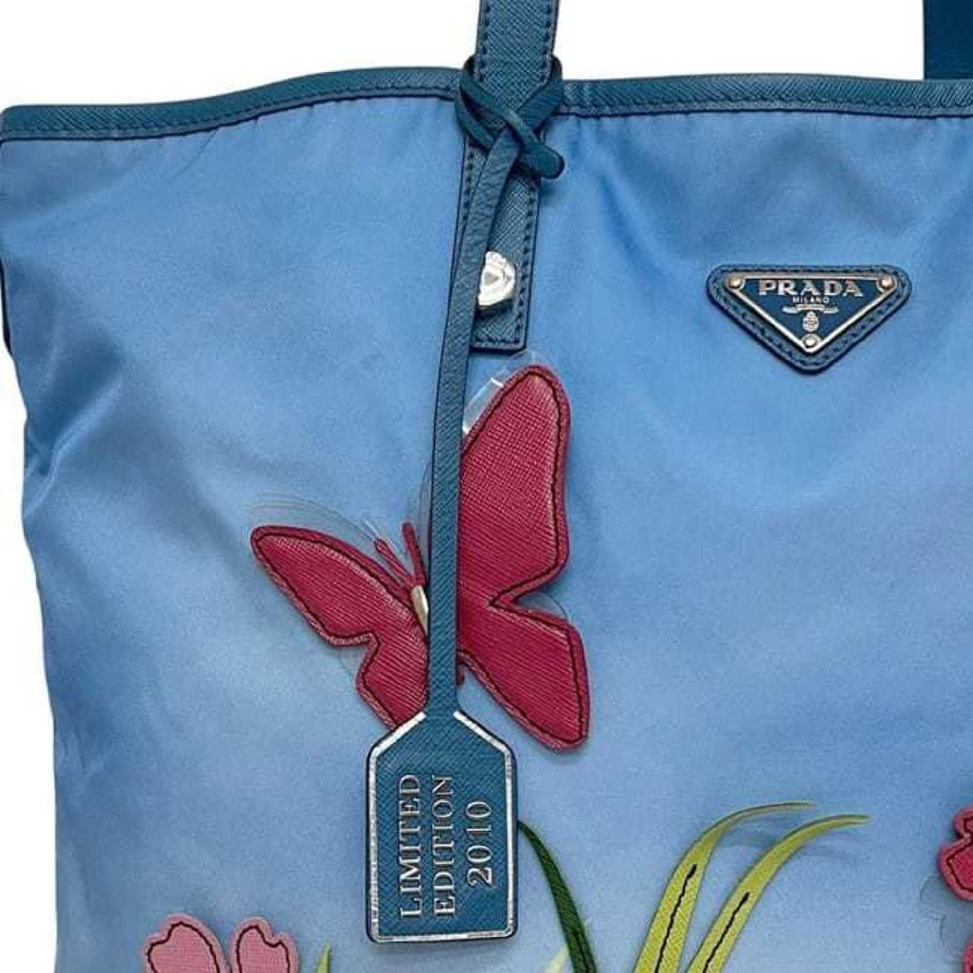 Prada Prada Tote Bag ec-24460 Blue Tessuto 2010 Limited Edition B4605C Nylon and Saffiano Leather 180cm PRADA Butterfly, Grass, Sky, Flower, Light Print Women's Size ONE SIZE - 7 Thumbnail