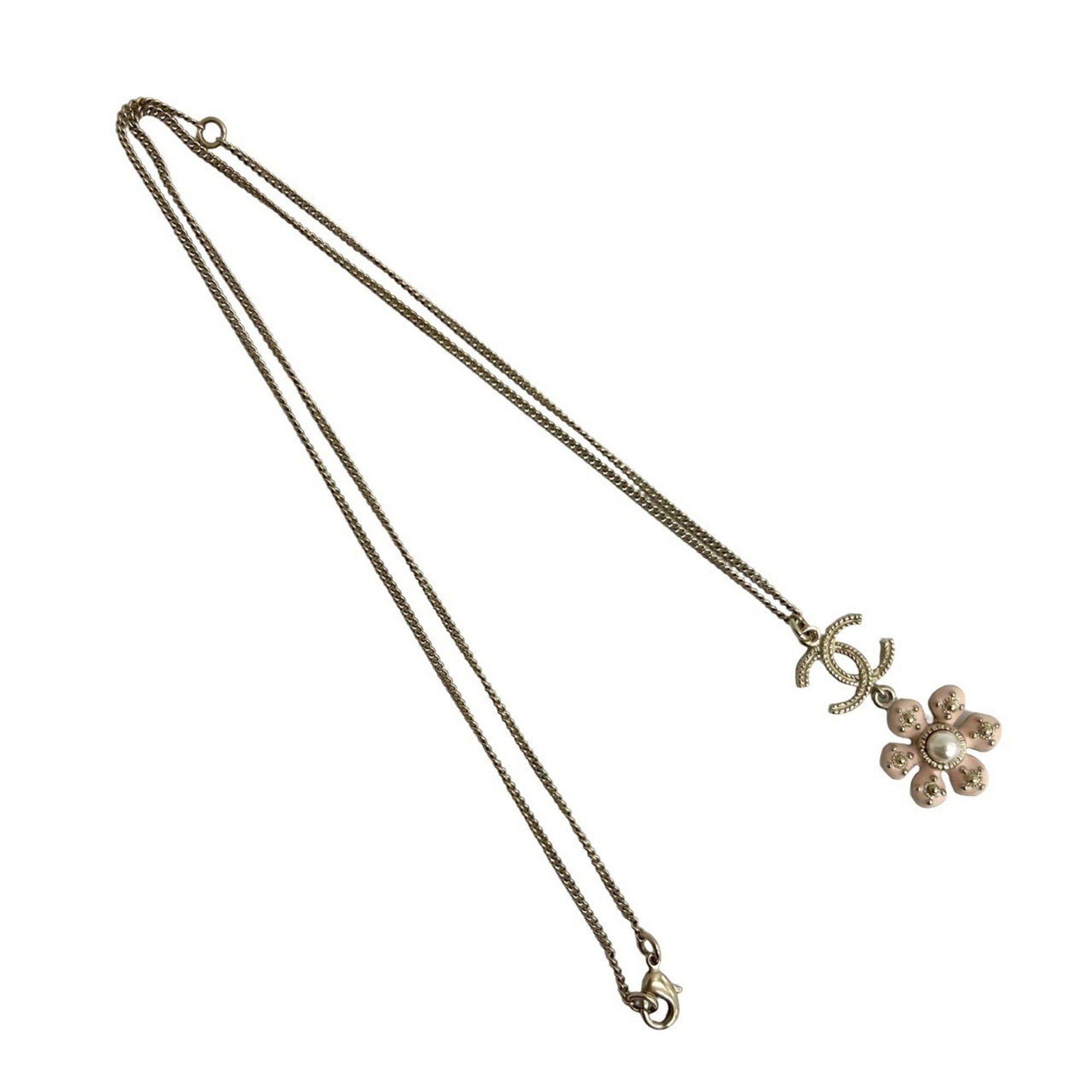 Chanel CHANEL Coco Mark Flower Motif GP Faux Pearl Necklace Pendant in Gold and Pink, 64651 Size ONE SIZE - 4 Thumbnail