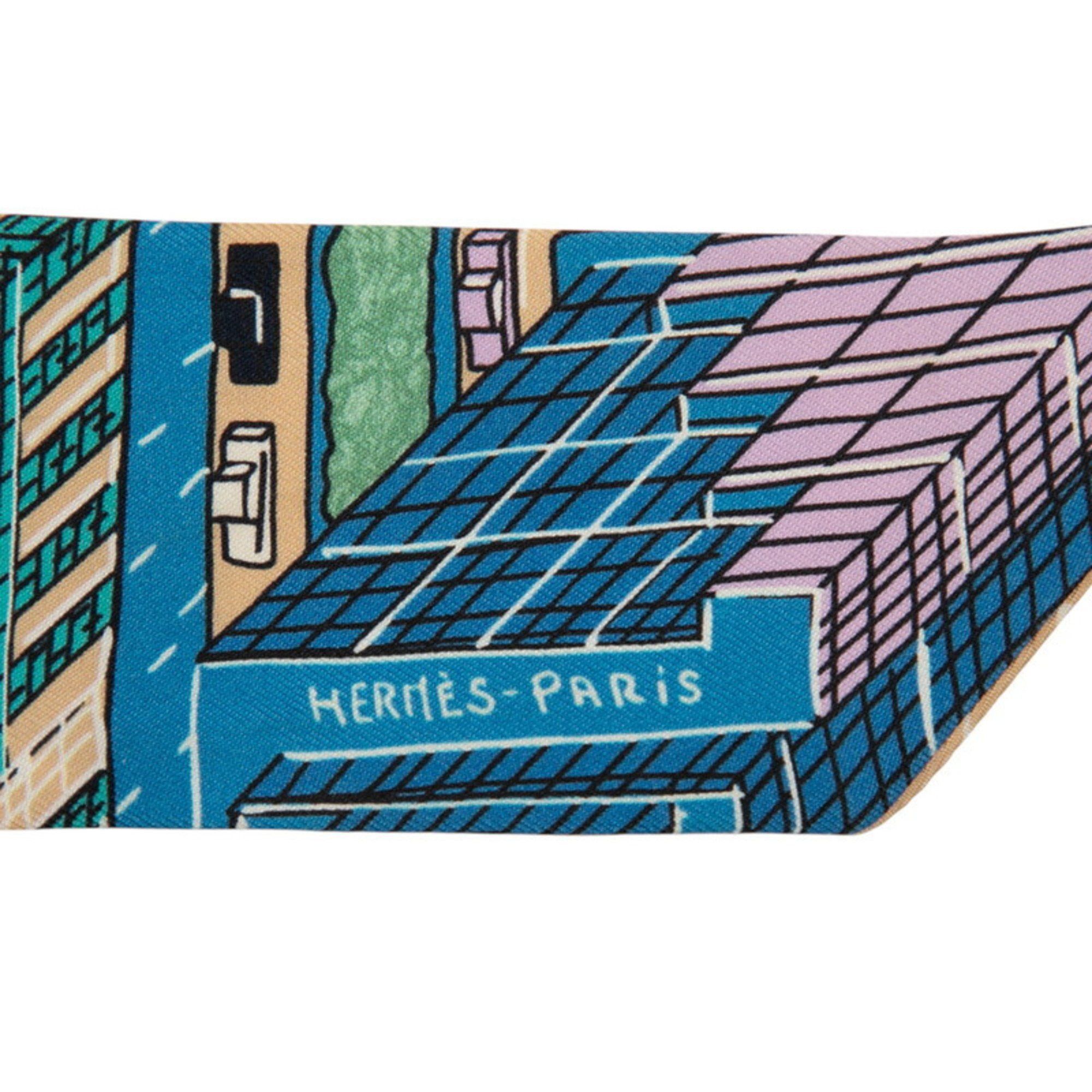 Hermes Hermès Twilly PANTIN CITY Pantin City Scarf, Brown, Blue, Multicolor, Silk, Women's, HERMES Size ONE SIZE - 3 Thumbnail