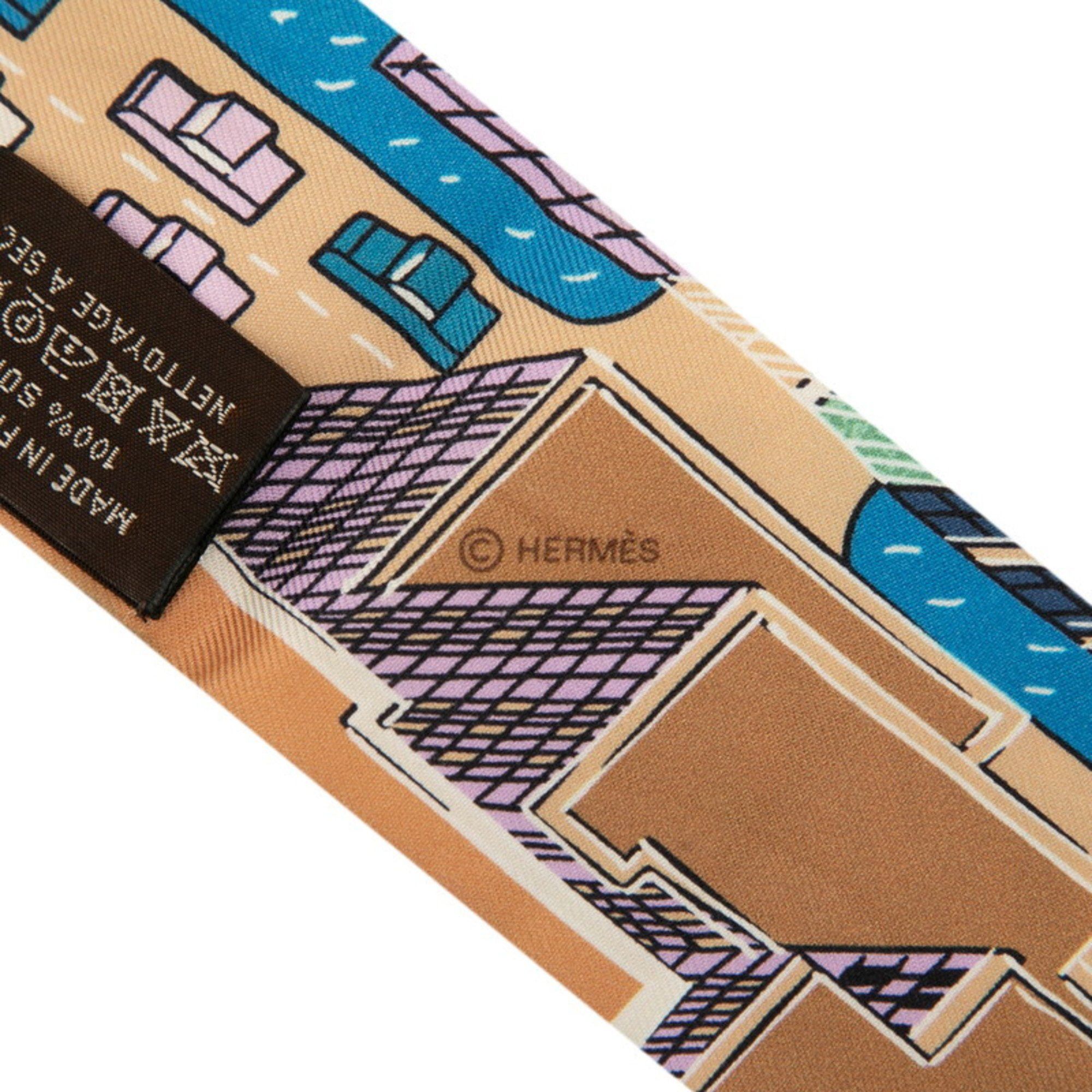 Hermes Hermès Twilly PANTIN CITY Pantin City Scarf, Brown, Blue, Multicolor, Silk, Women's, HERMES Size ONE SIZE - 4 Thumbnail