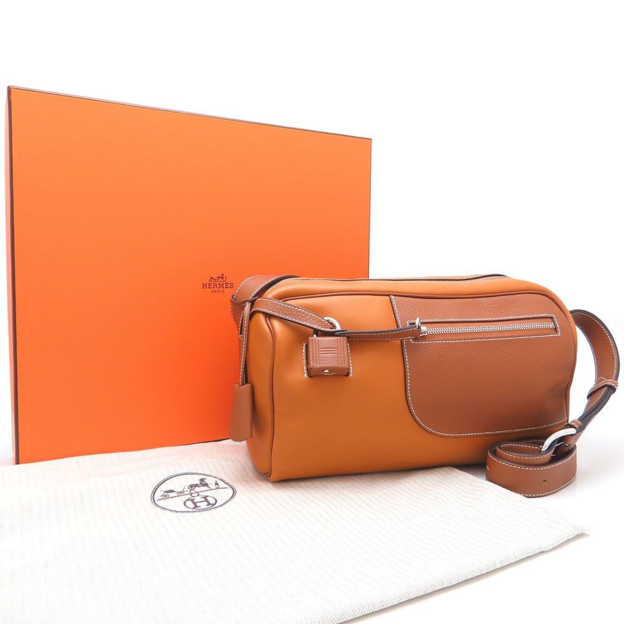 Hermes HERMES Petit Courier Shoulder Bag in Evercolor and Taurillon Clemence Leather Toffee Gold, Women's, 352845 Size ONE SIZE - 4 Thumbnail