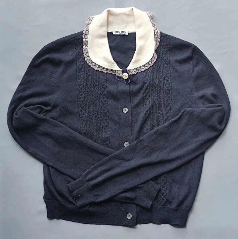 Miu Miu Miu Miu Navy Floral Cashmere Blend Cardigan 0089 Size M / US 6-8 / IT 42-44 - 3 Thumbnail