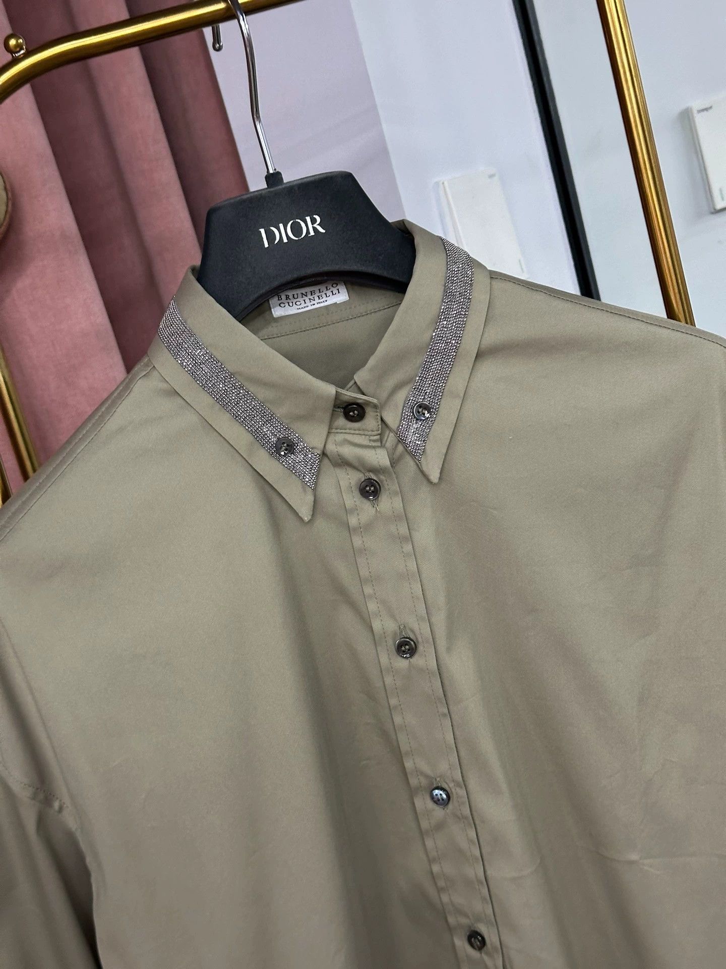 Brunello Cucinelli Brunello Cucinelli Green Beaded Collar Shirt Size US XS / EU 42 / 0 - 2 Thumbnail