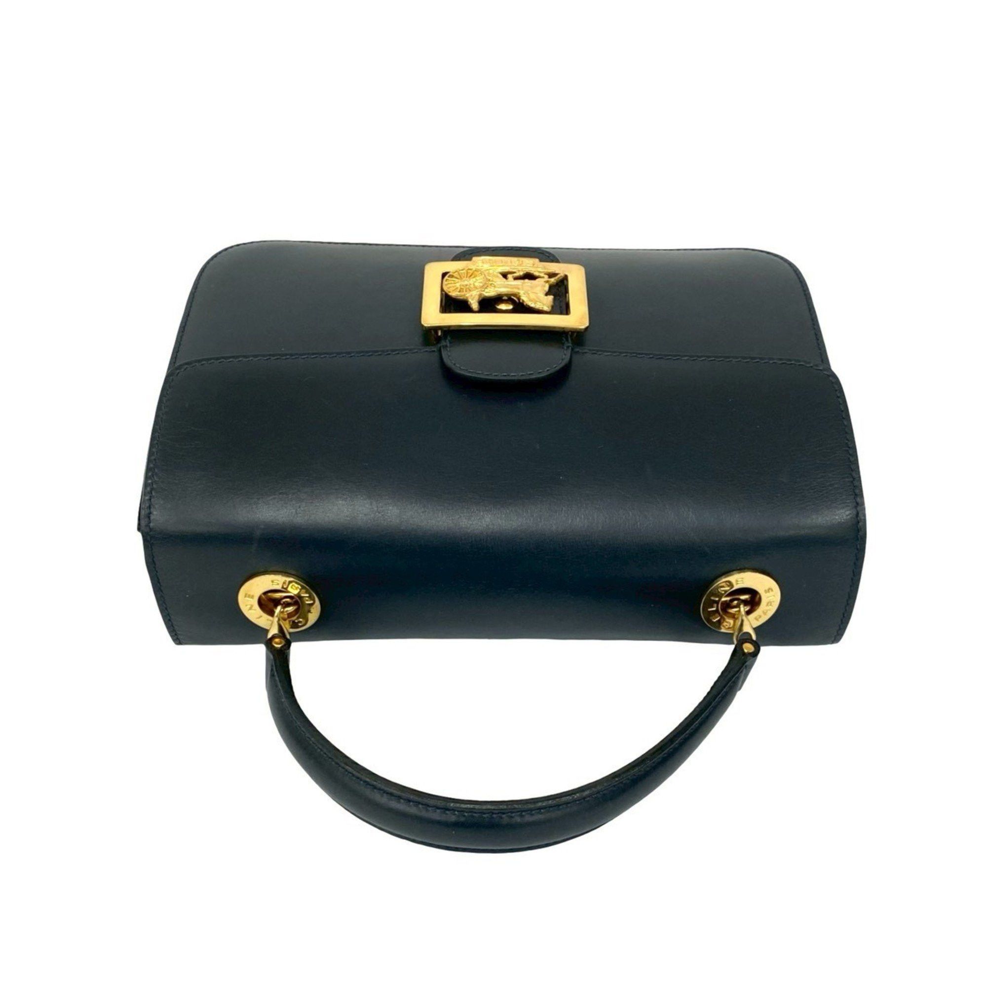 Celine CELINE Circle Logo Carriage Calf Leather Handbag/Mini Tote Bag Navy d97-2 Size ONE SIZE - 4 Thumbnail