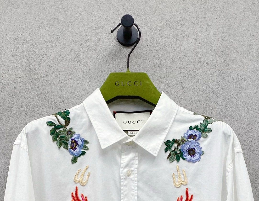 Gucci Gucci White Floral Embroidered Shirt Size US XL / EU 56 / 4 - 4 Thumbnail