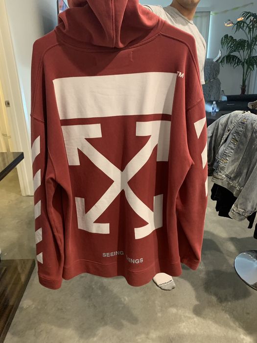 Off white red store hoodie seeing things