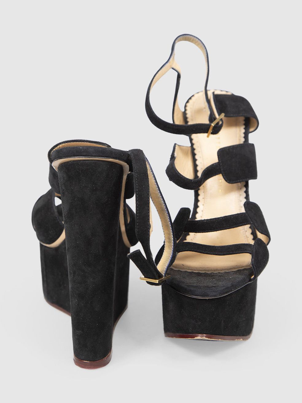 Charlotte Olympia Black Platform Suede Strappy Sandals Size US 9 / IT 39 - 3 Thumbnail