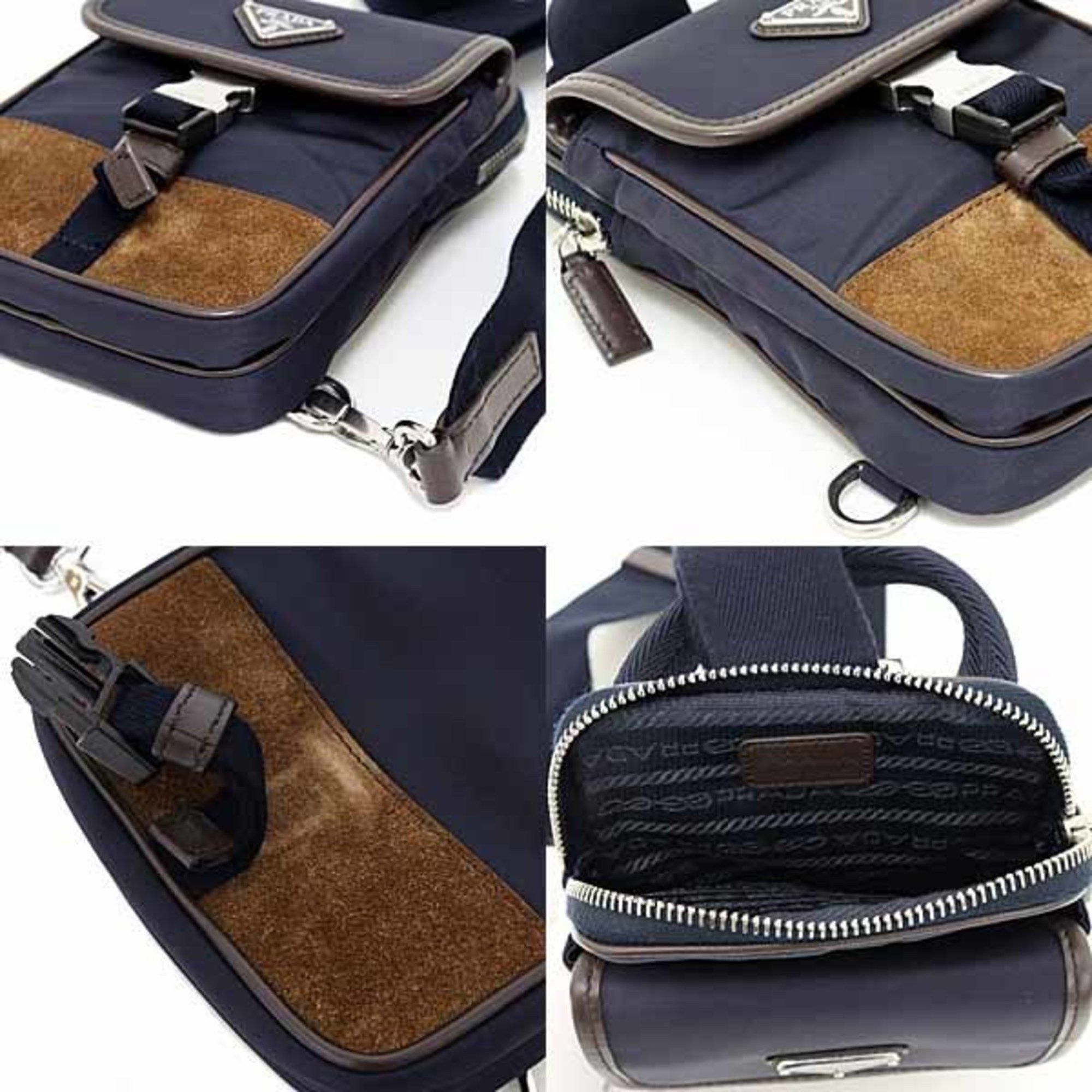 Prada Prada Re-Nylon x Leather Smartphone Case/Shoulder Bag 2ZH194 F0C1B BLU+CAFFE Navy/Dark Brown Size ONE SIZE - 5 Thumbnail