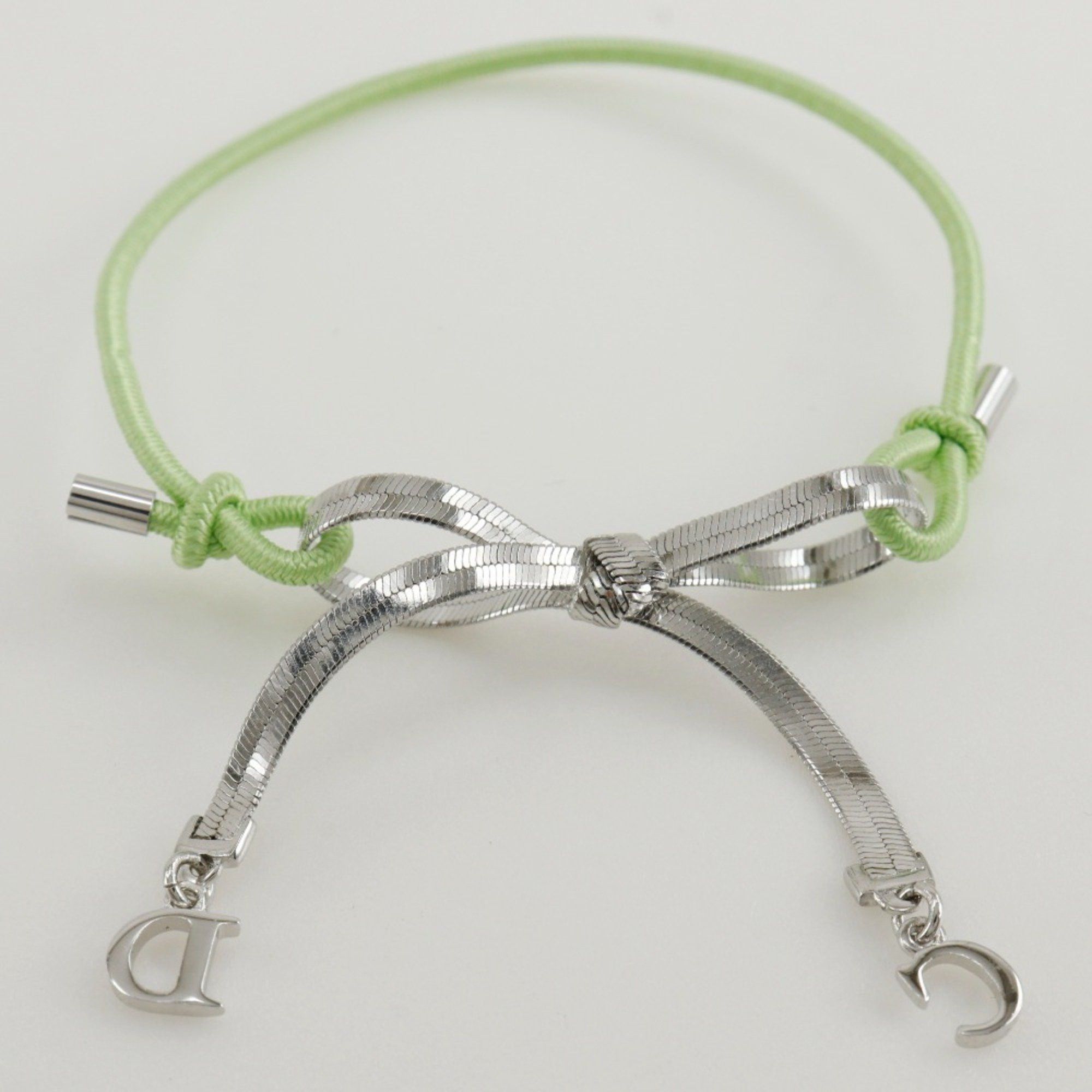 Dior Christian Dior Dior CD Ribbon Bracelet, Metal and Rubber, Silver/Yellow-Green Ribbon, Approx. 4.6g, Women's Size ONE SIZE - 6 Thumbnail
