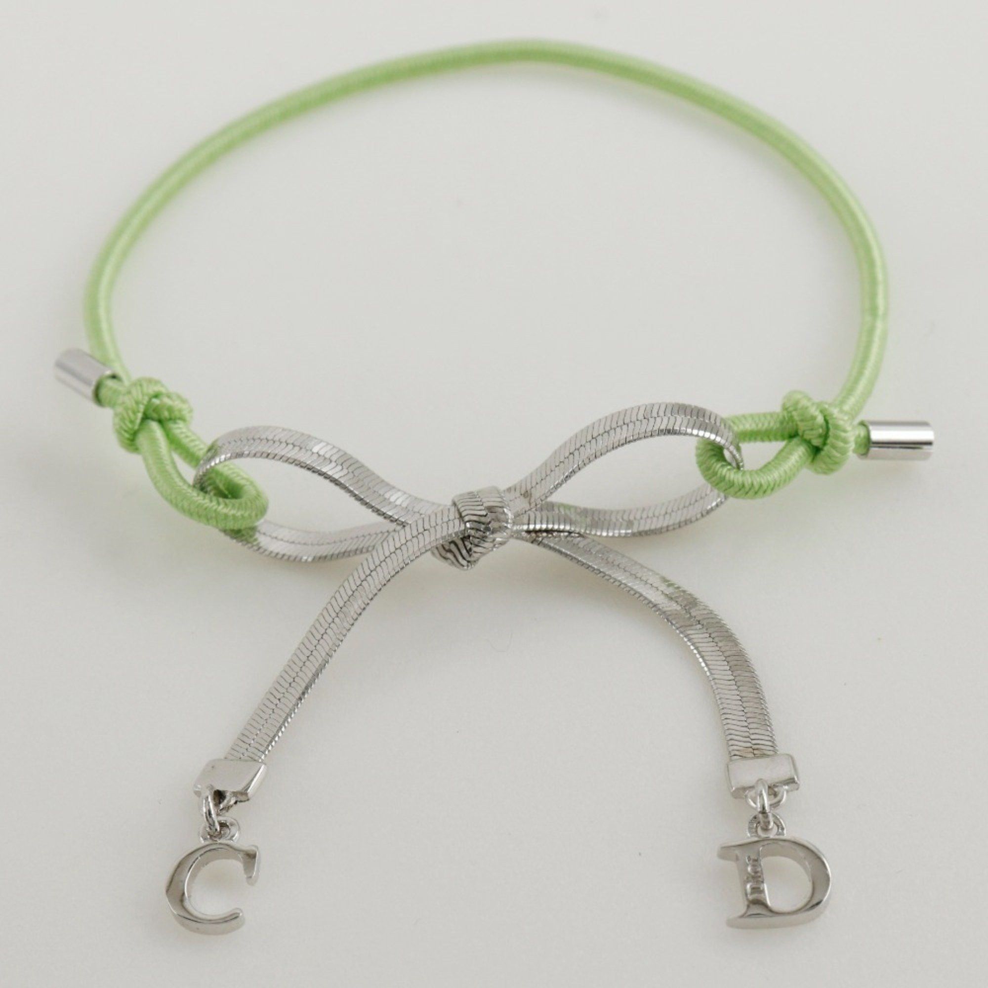 Dior Christian Dior Dior CD Ribbon Bracelet, Metal and Rubber, Silver/Yellow-Green Ribbon, Approx. 4.6g, Women's Size ONE SIZE - 5 Thumbnail