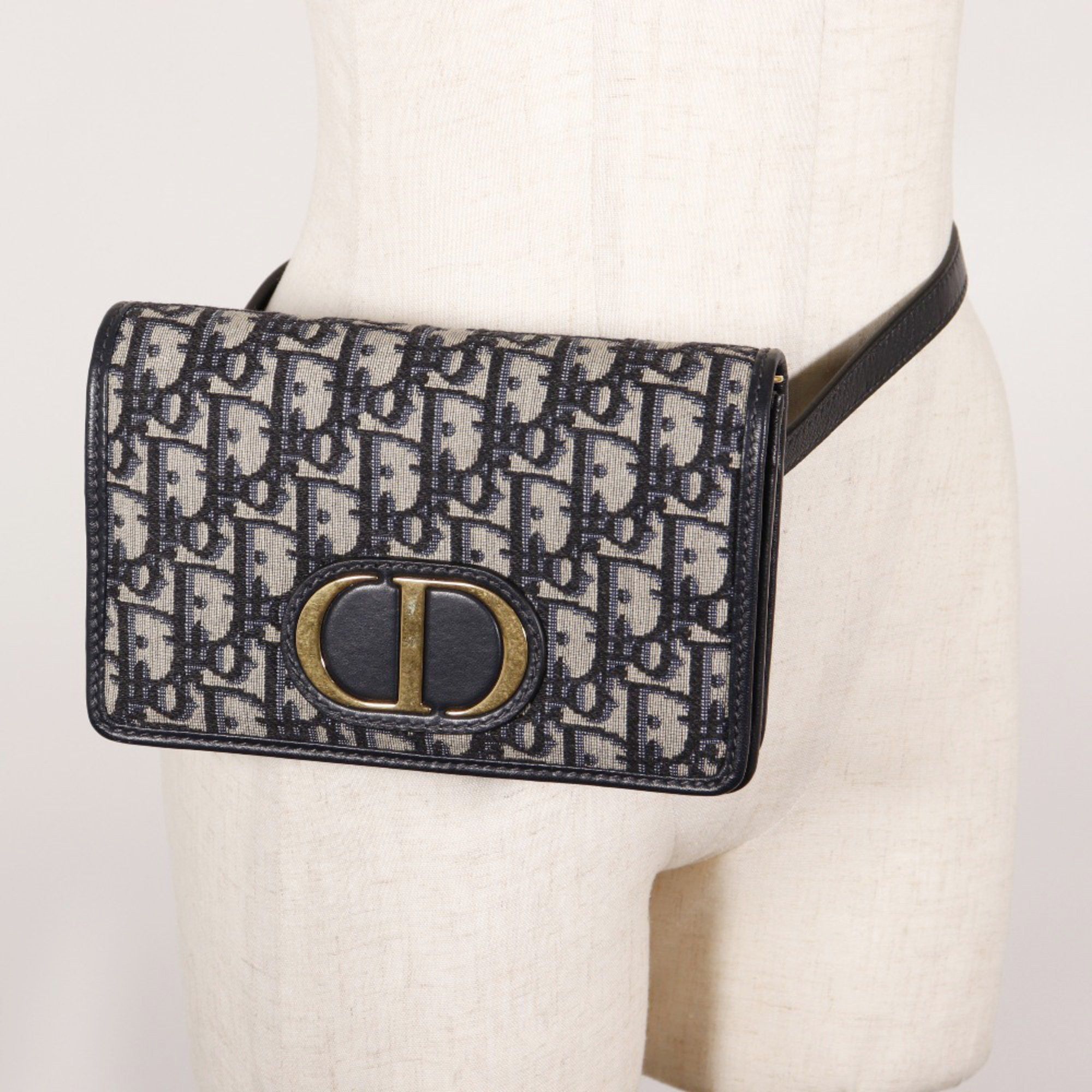Dior Christian Dior Trotter Oblique Canvas and Leather 2-Way Waist Pouch Shoulder Bag, Made in Italy, Navy Blue, Snap Button closure, Women's Size ONE SIZE - 8 Thumbnail