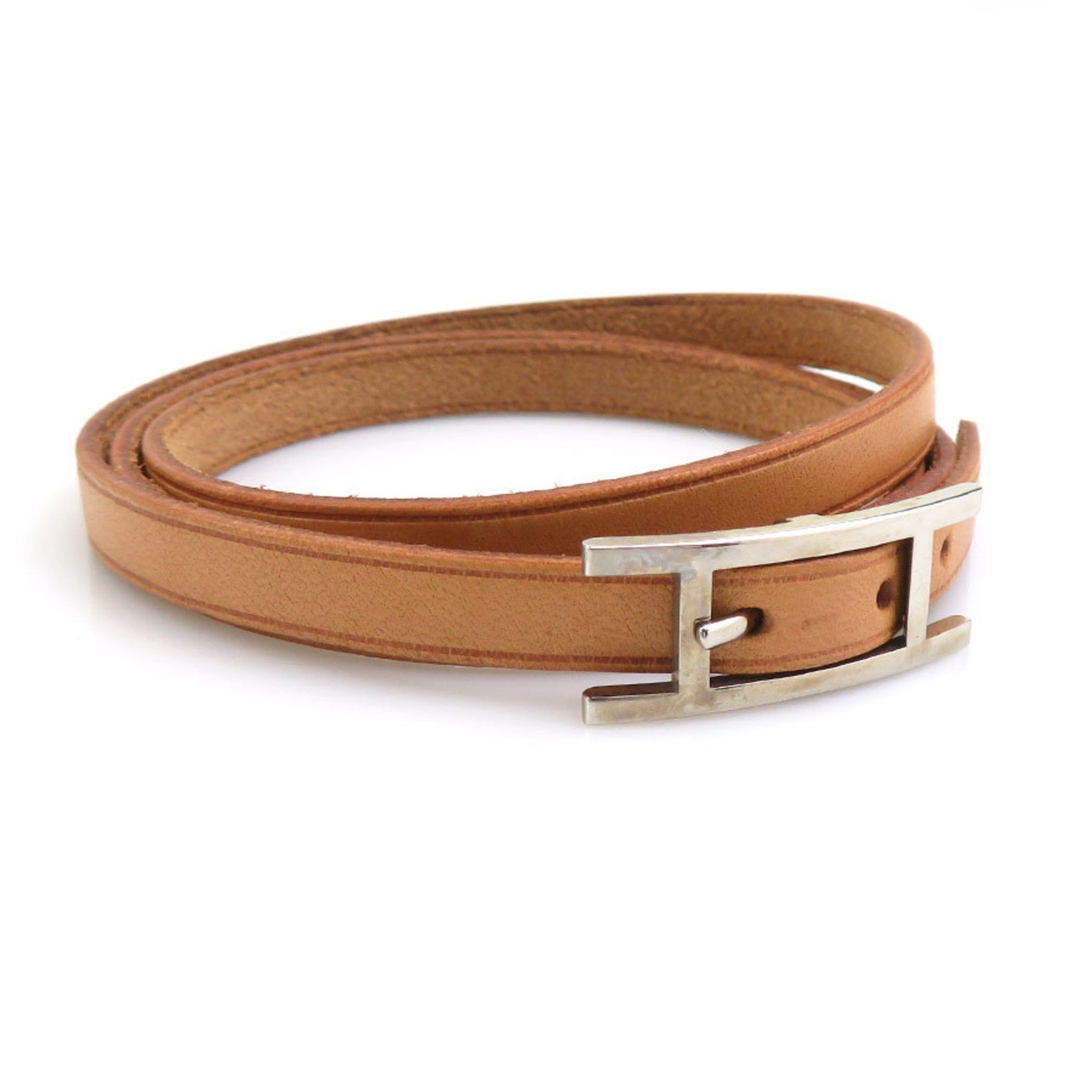 Hermes Hermes Hermès Api Leather Metal Bracelet in Beige Brown and Silver, Women's, e61129 Size ONE SIZE - 2 Thumbnail