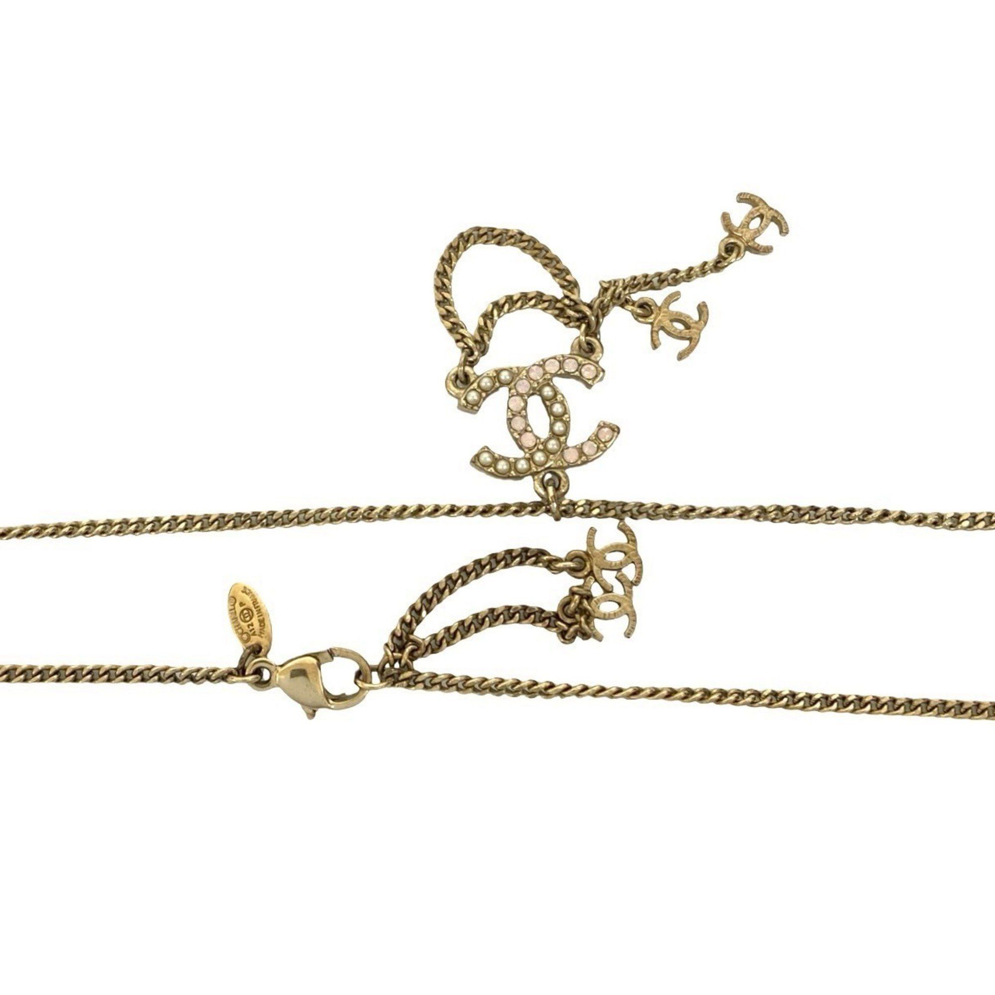Chanel CHANEL Coco Mark GP Rhinestone and Faux Pearl Necklace in Gold, Pink, White (79634) Size ONE SIZE - 2 Thumbnail