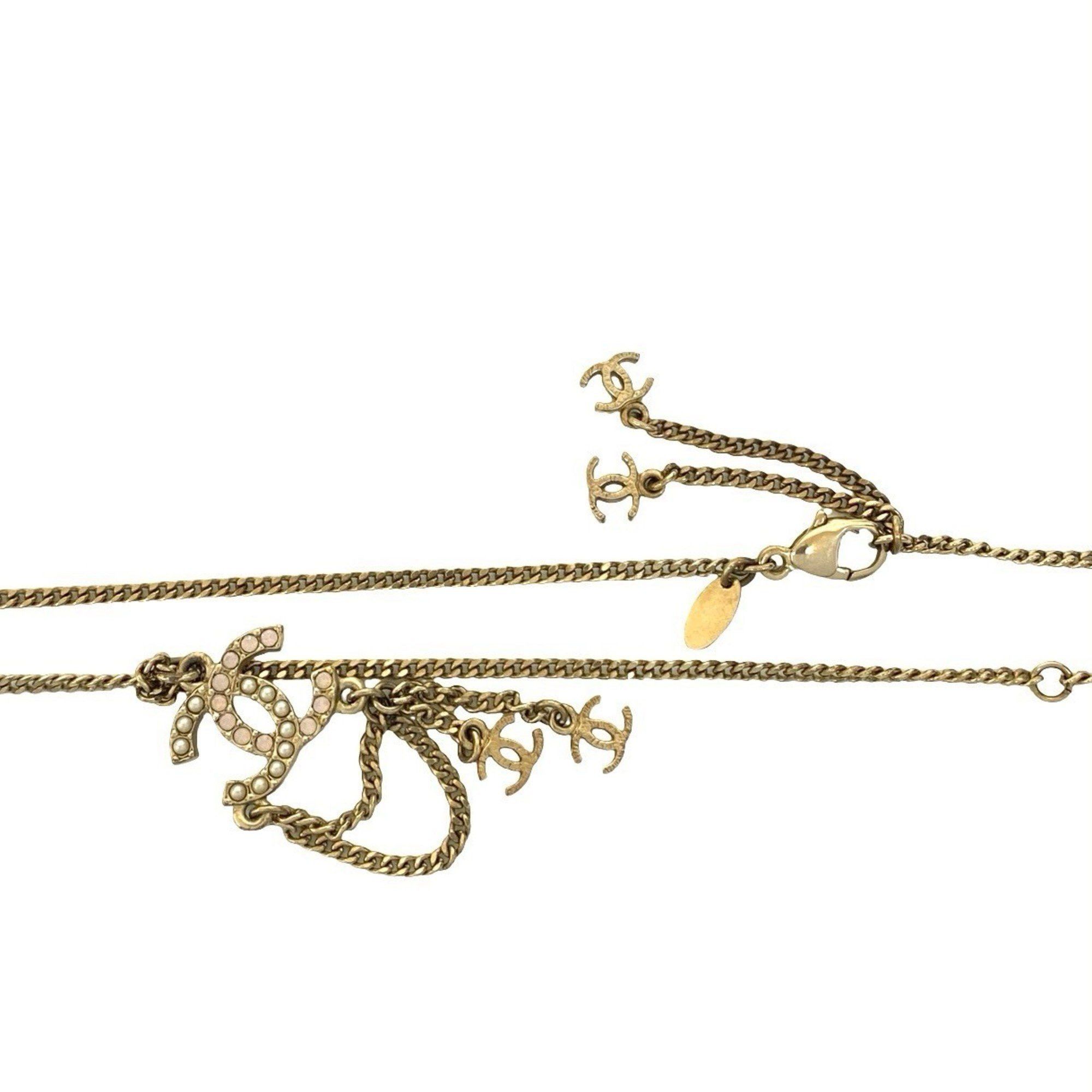 Chanel CHANEL Coco Mark GP Rhinestone and Faux Pearl Necklace in Gold, Pink, White (79634) Size ONE SIZE - 3 Thumbnail