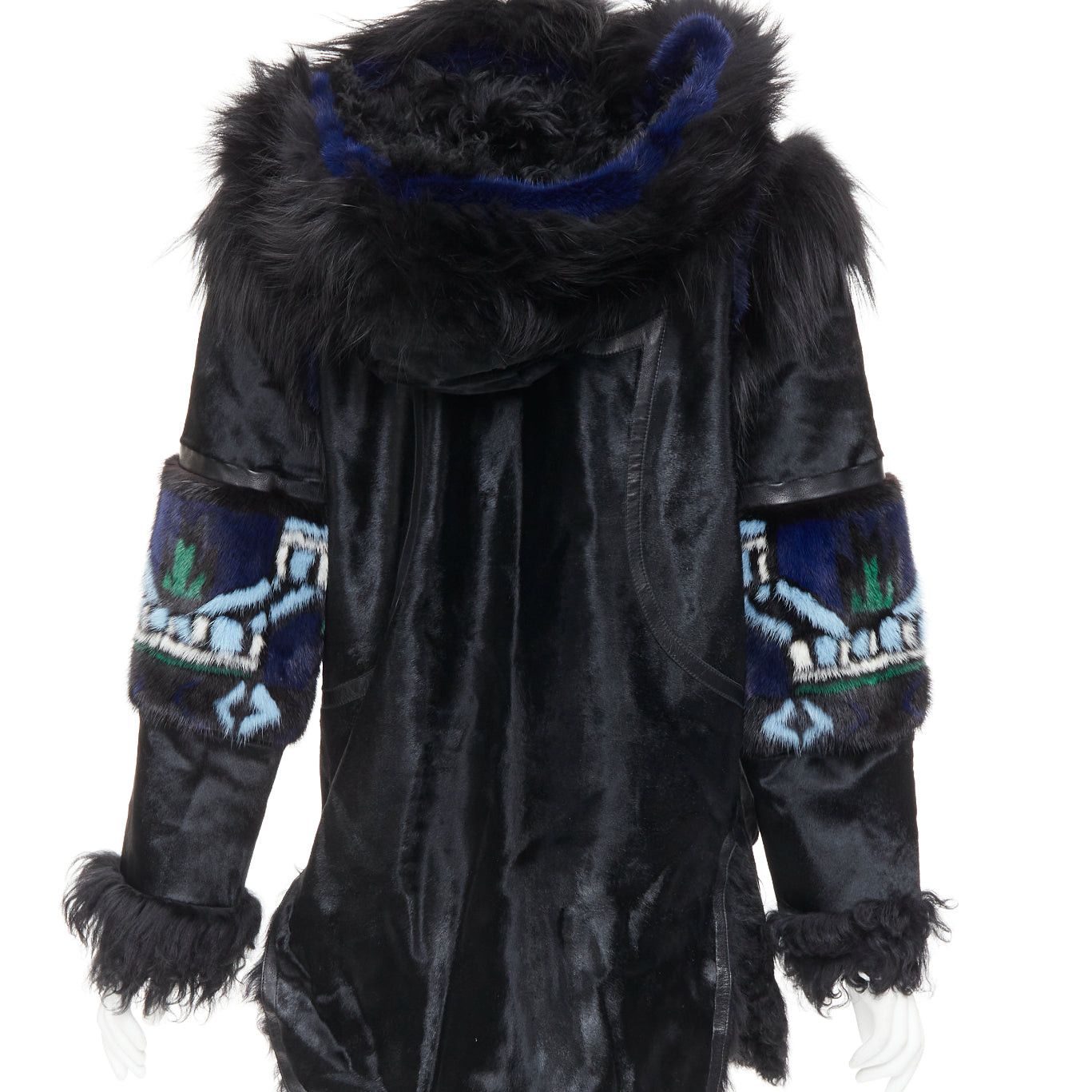 Emilio Pucci EMILIO PUCCI Vintage ethnic detail black calfskin mixed shearling raccoon fur coat IT40 S Size S / US 4 / IT 40 - 7 Thumbnail