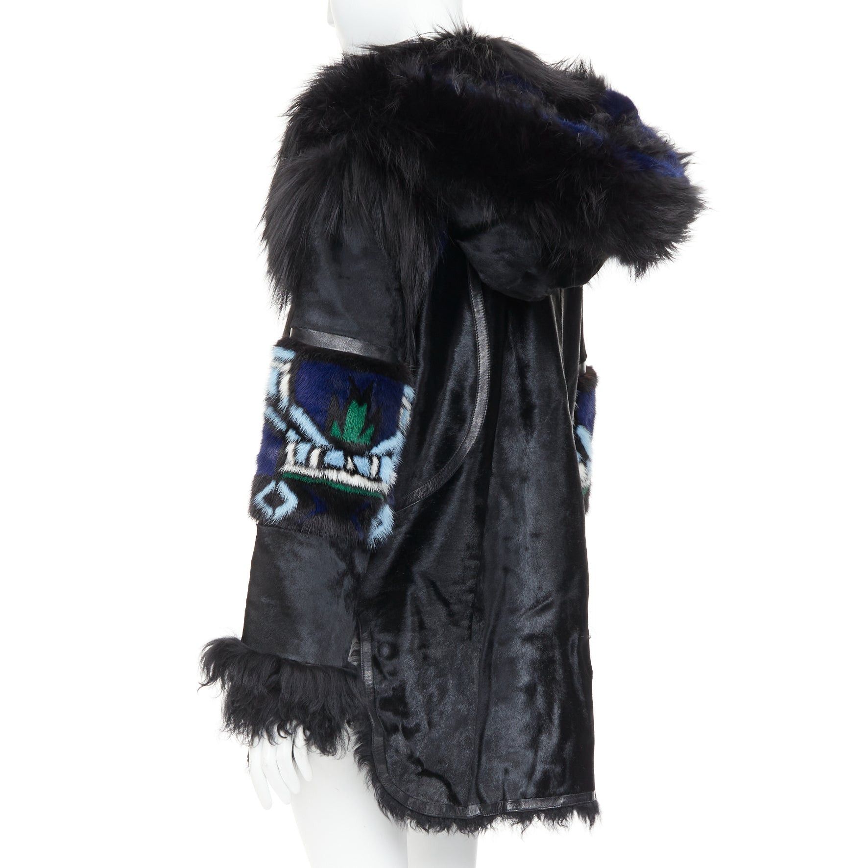 Emilio Pucci EMILIO PUCCI Vintage ethnic detail black calfskin mixed shearling raccoon fur coat IT40 S Size S / US 4 / IT 40 - 6 Thumbnail