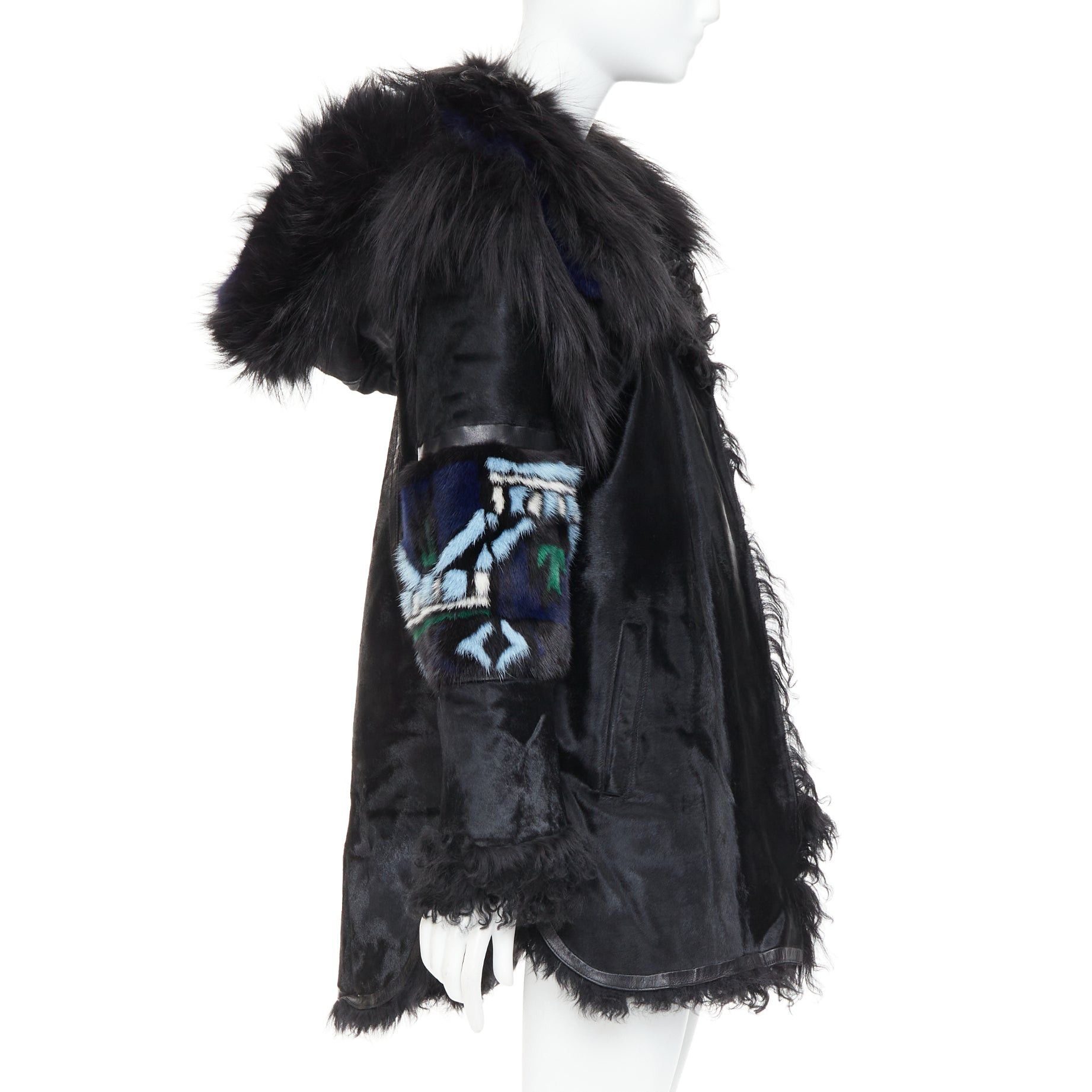 Emilio Pucci EMILIO PUCCI Vintage ethnic detail black calfskin mixed shearling raccoon fur coat IT40 S Size S / US 4 / IT 40 - 5 Thumbnail