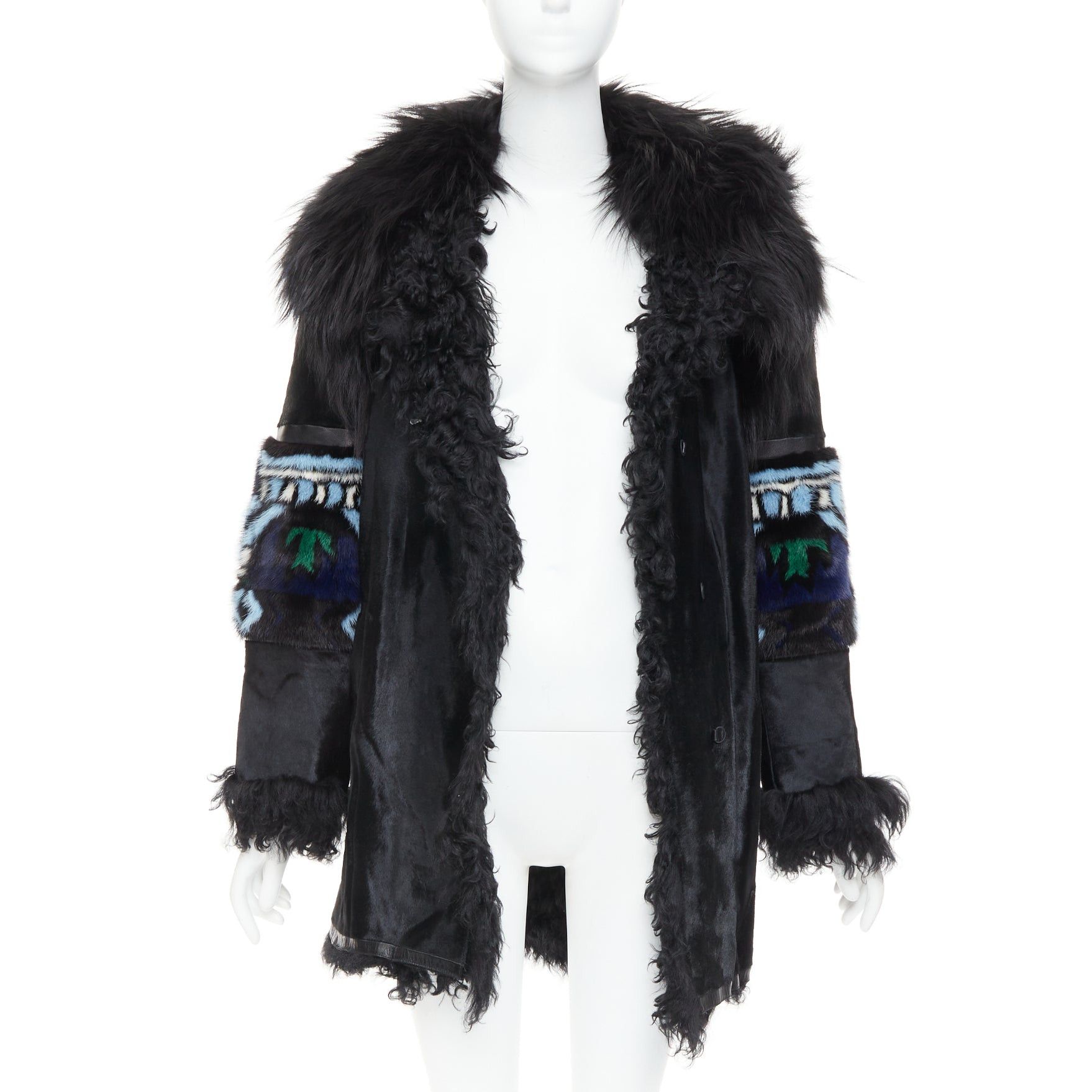 Emilio Pucci EMILIO PUCCI Vintage ethnic detail black calfskin mixed shearling raccoon fur coat IT40 S Size S / US 4 / IT 40 - 3 Thumbnail