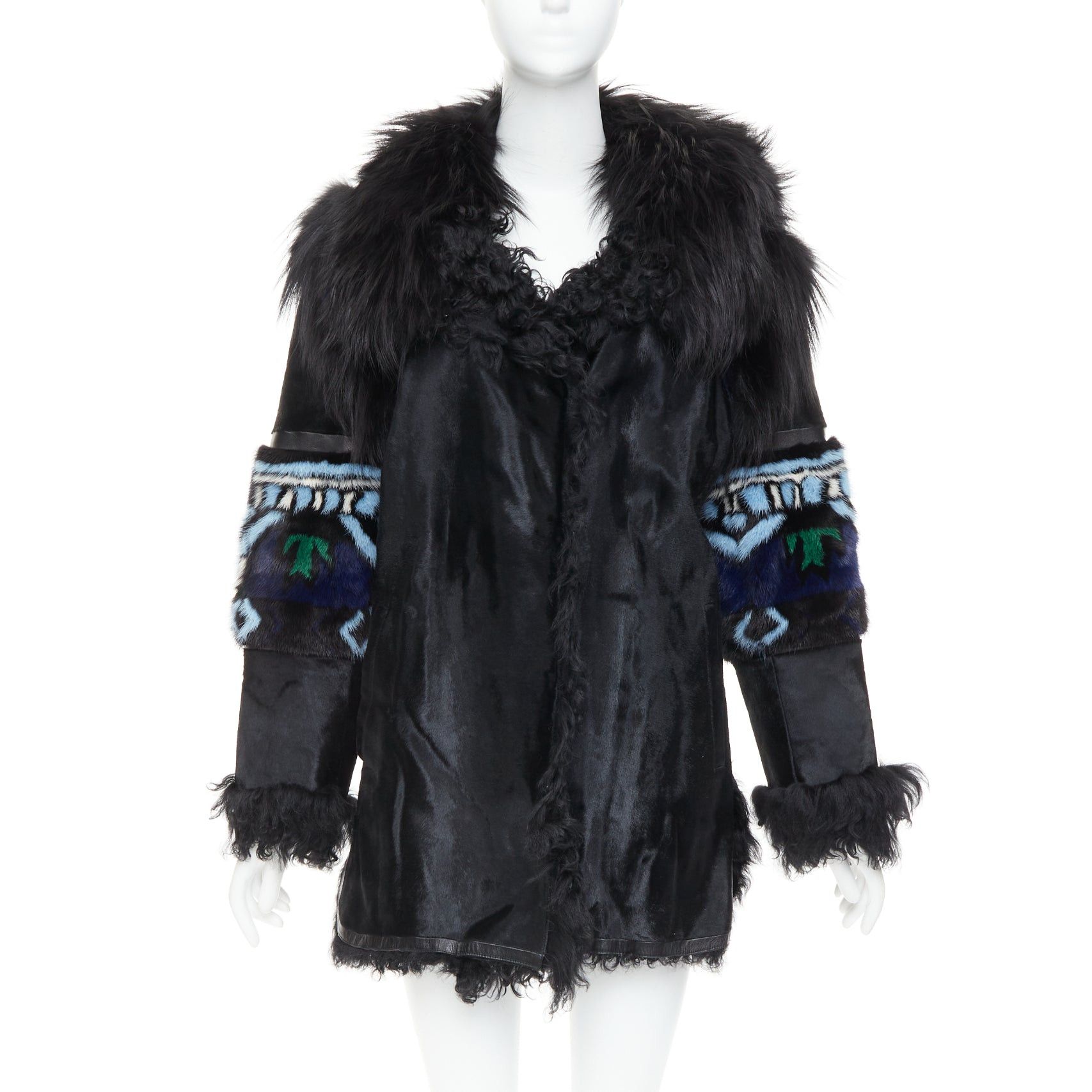 Emilio Pucci EMILIO PUCCI Vintage ethnic detail black calfskin mixed shearling raccoon fur coat IT40 S Size S / US 4 / IT 40 - 4 Thumbnail