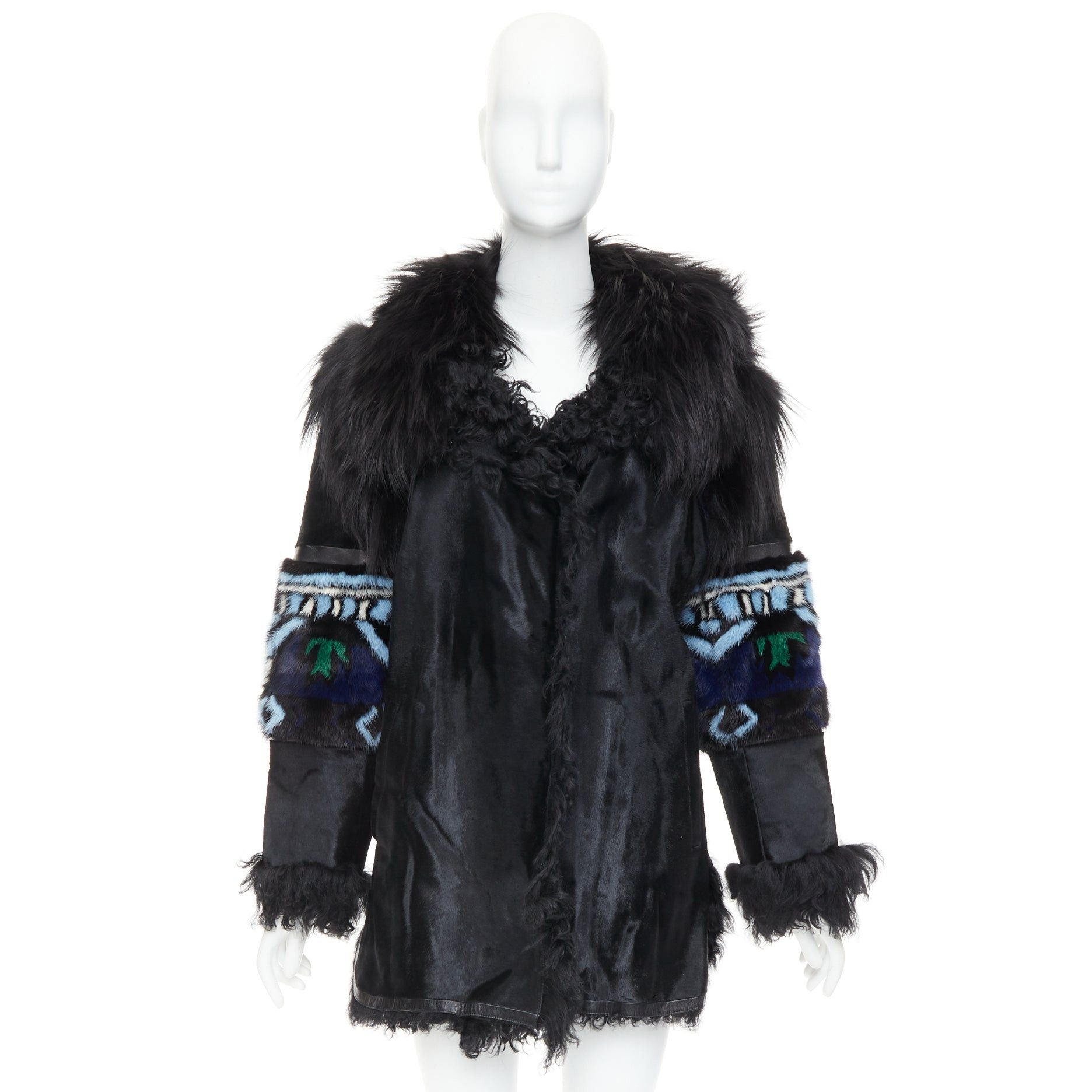 Emilio Pucci EMILIO PUCCI Vintage ethnic detail black calfskin mixed shearling raccoon fur coat IT40 S Size S / US 4 / IT 40 - 10 Thumbnail