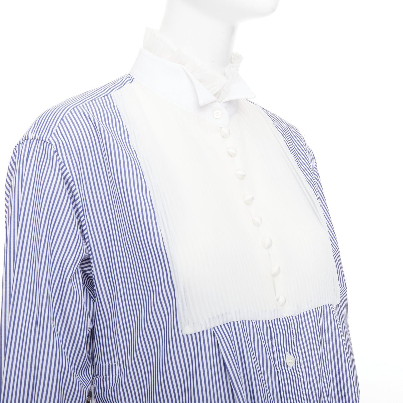 Sacai SACAI 2017 blue white striped cotton poplin bib collar ruffle shirt dress JP1 S Size S / US 4 / IT 40 - 2 Thumbnail