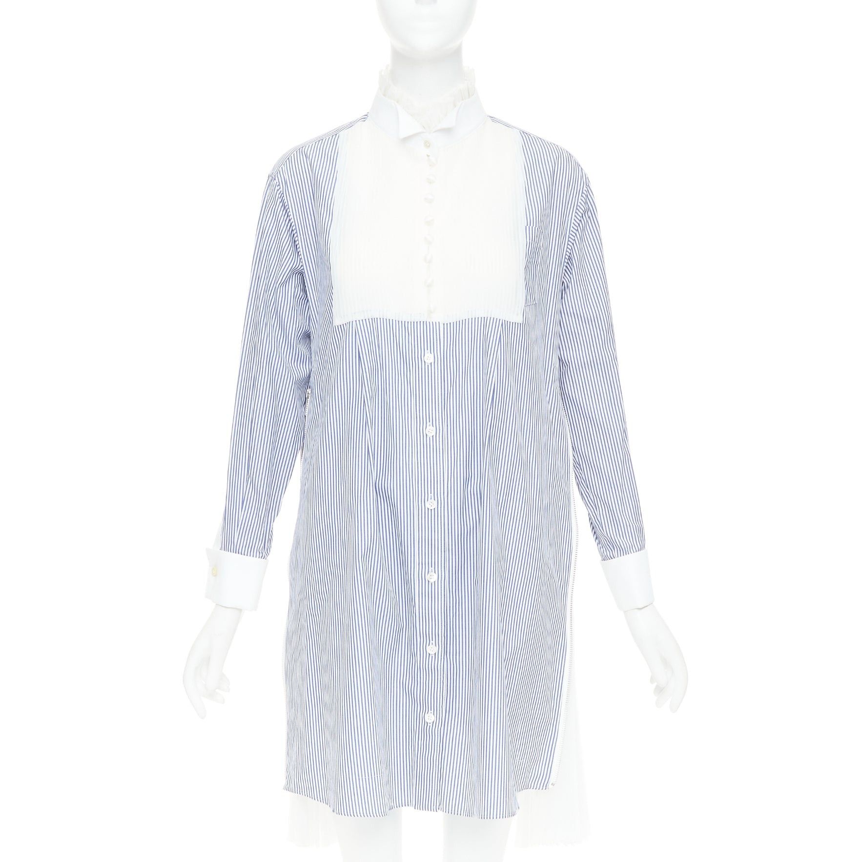 Sacai SACAI 2017 blue white striped cotton poplin bib collar ruffle shirt dress JP1 S Size S / US 4 / IT 40 - 3 Thumbnail