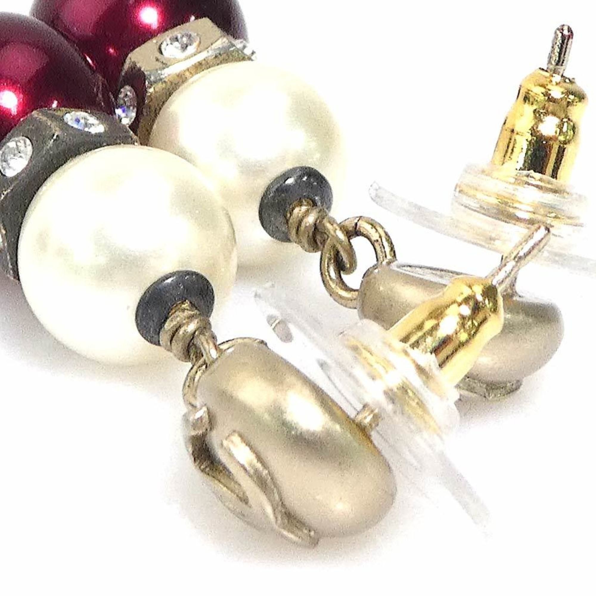 Chanel CHANEL Coco Mark Metal Earrings with Faux Pearls in Gold, White, and Burgundy, Women's, e61121k Size ONE SIZE - 4 Thumbnail