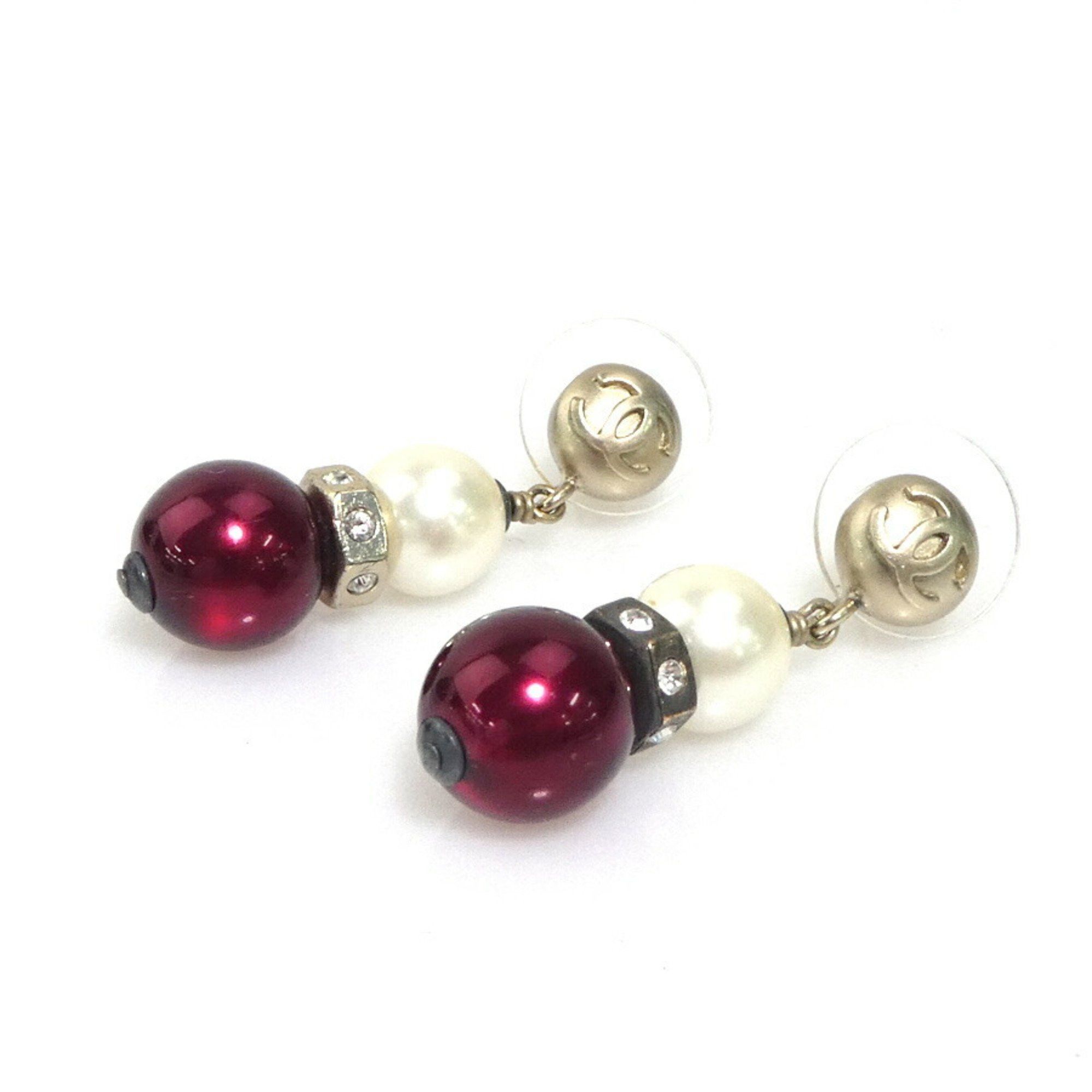 Chanel CHANEL Coco Mark Metal Earrings with Faux Pearls in Gold, White, and Burgundy, Women's, e61121k Size ONE SIZE - 2 Thumbnail