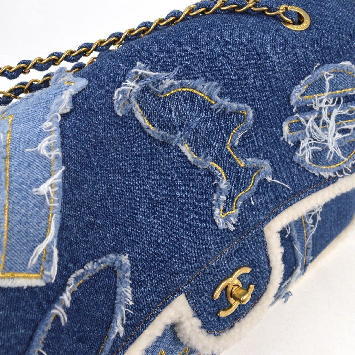 Chanel Chanel Egyptian Hieroglyph Flap Bag Denim and Shearling Size ONE SIZE - 6 Thumbnail