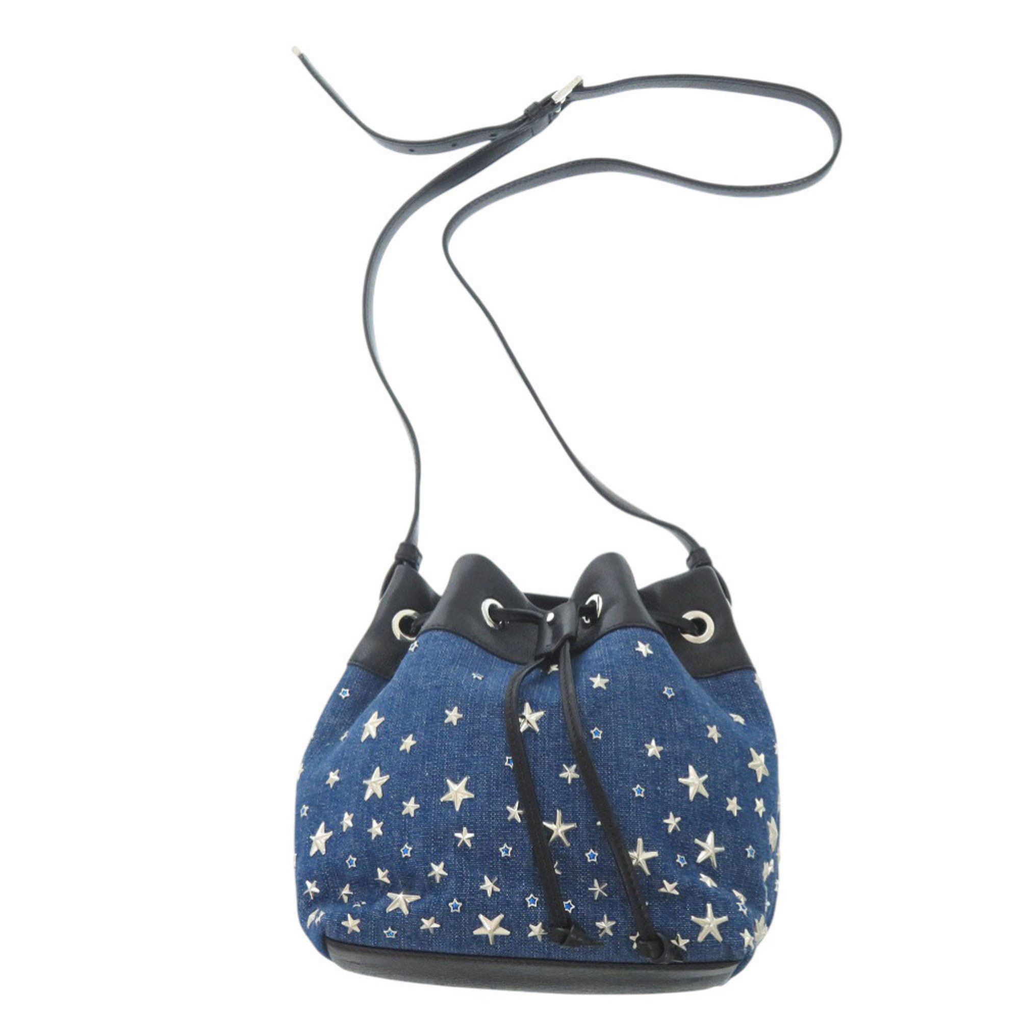 Jimmy Choo Jimmy Choo Star Studs JUNO S Drawstring Bag in Denim, Leather, Blue, and Black. 0944 JIMMY CHOO Size ONE SIZE - 6 Thumbnail