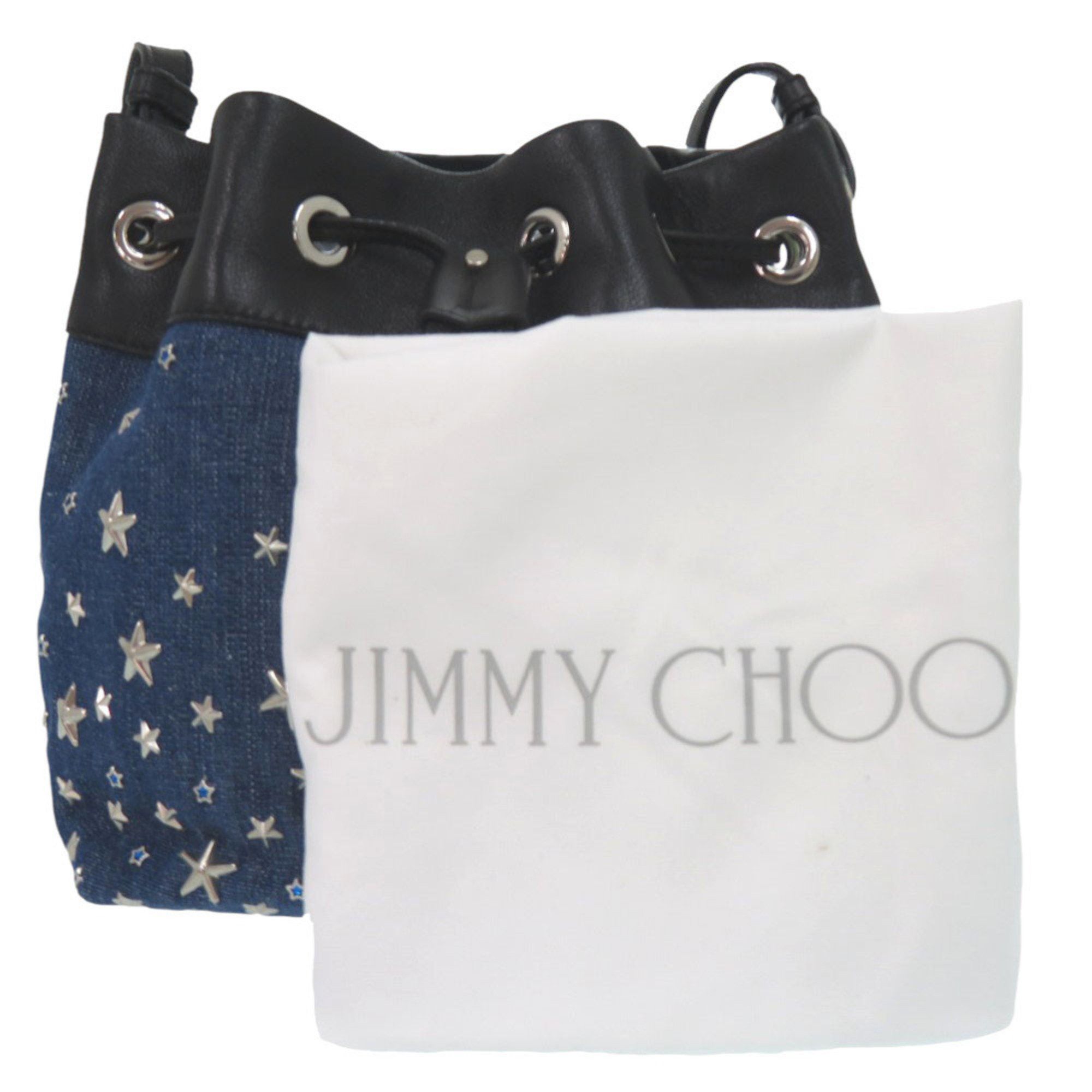 Jimmy Choo Jimmy Choo Star Studs JUNO S Drawstring Bag in Denim, Leather, Blue, and Black. 0944 JIMMY CHOO Size ONE SIZE - 2 Thumbnail