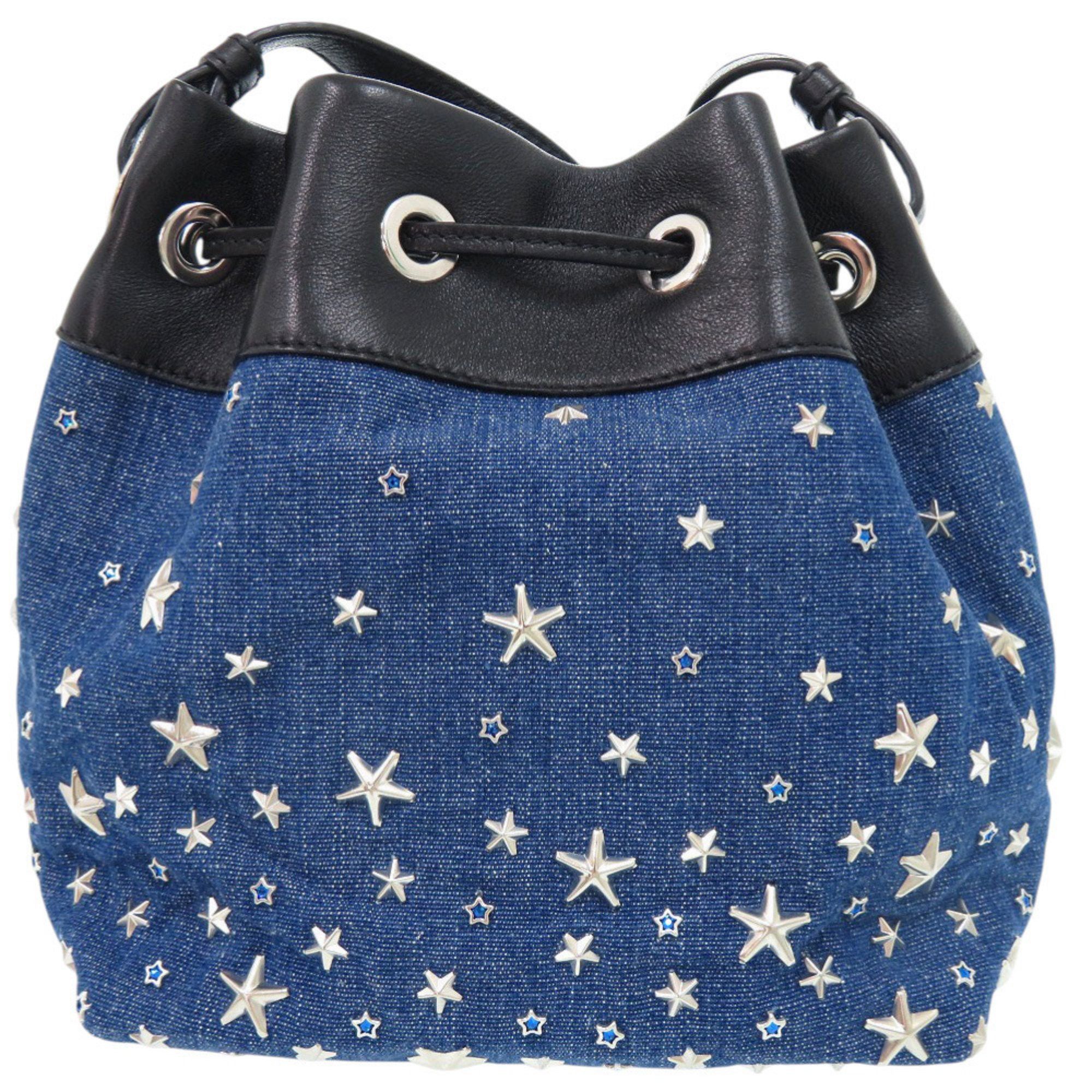 Jimmy Choo Jimmy Choo Star Studs JUNO S Drawstring Bag in Denim, Leather, Blue, and Black. 0944 JIMMY CHOO Size ONE SIZE - 3 Thumbnail