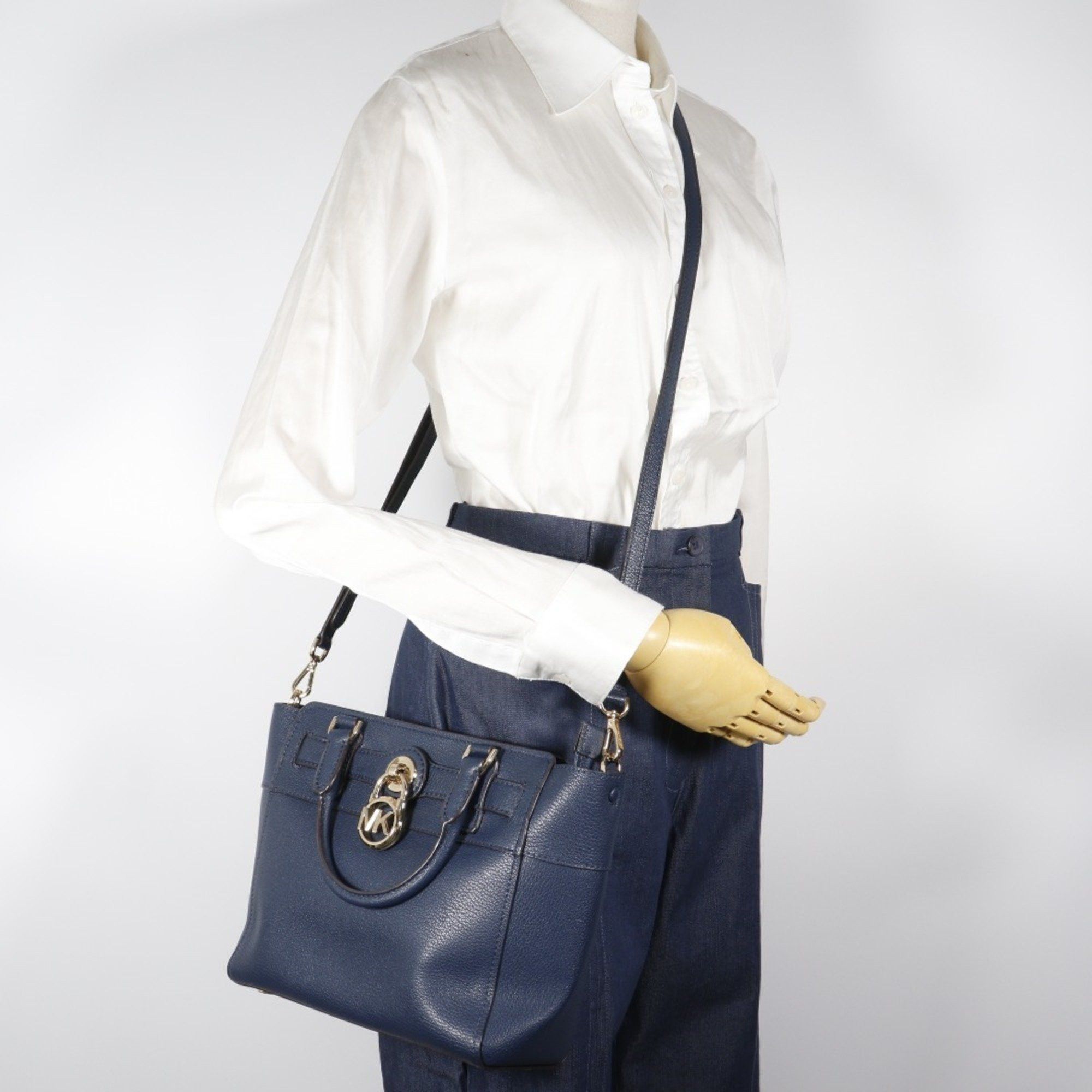Michael Kors Michael Kors Hamilton Handbag, 2-Way Shoulder Bag, Navy Blue Leather, A5 Size, Zipper, Women's Size ONE SIZE - 19 Thumbnail