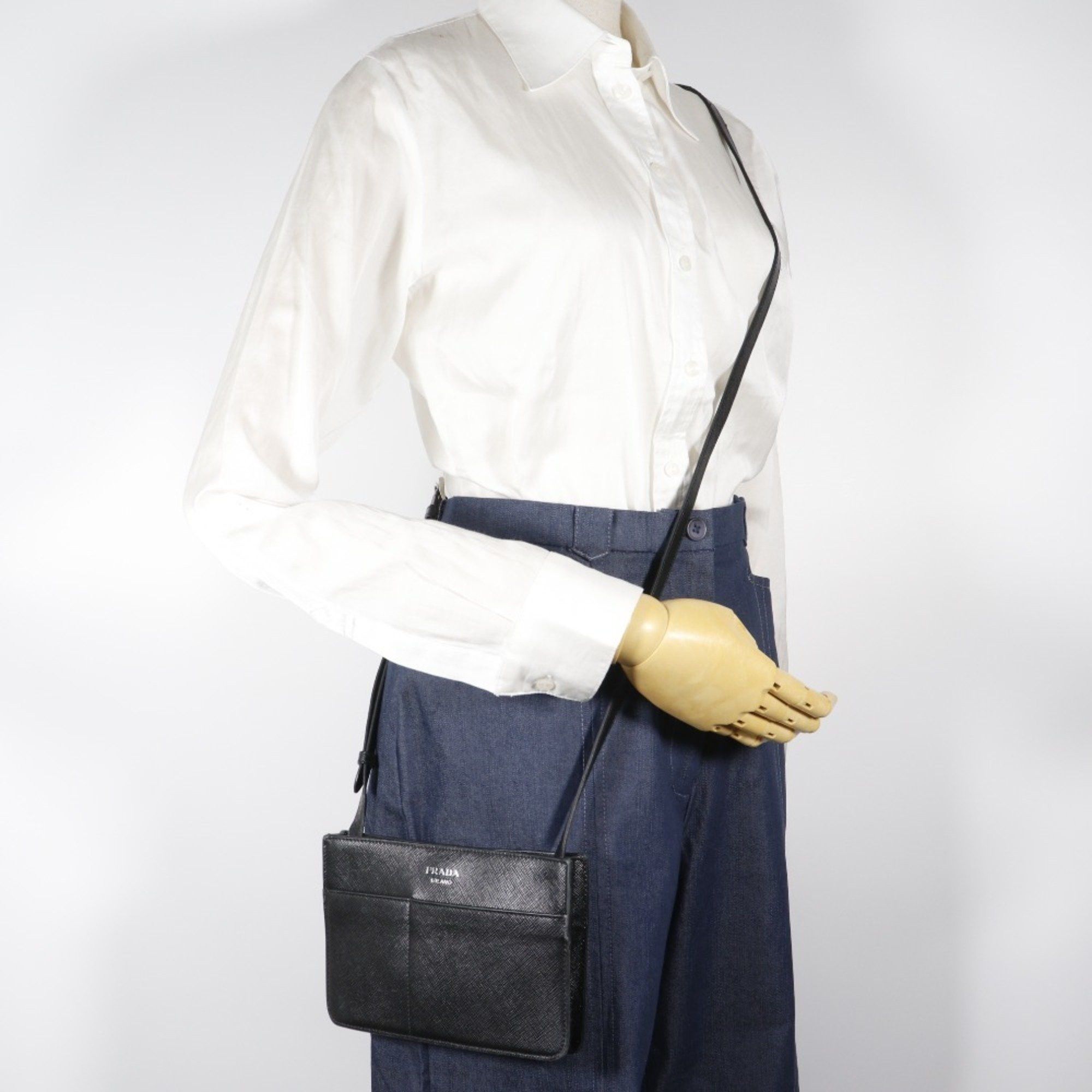 Prada Prada Mini Shoulder Bag, Saffiano, Black, Snap Button, Unisex Size ONE SIZE - 18 Thumbnail