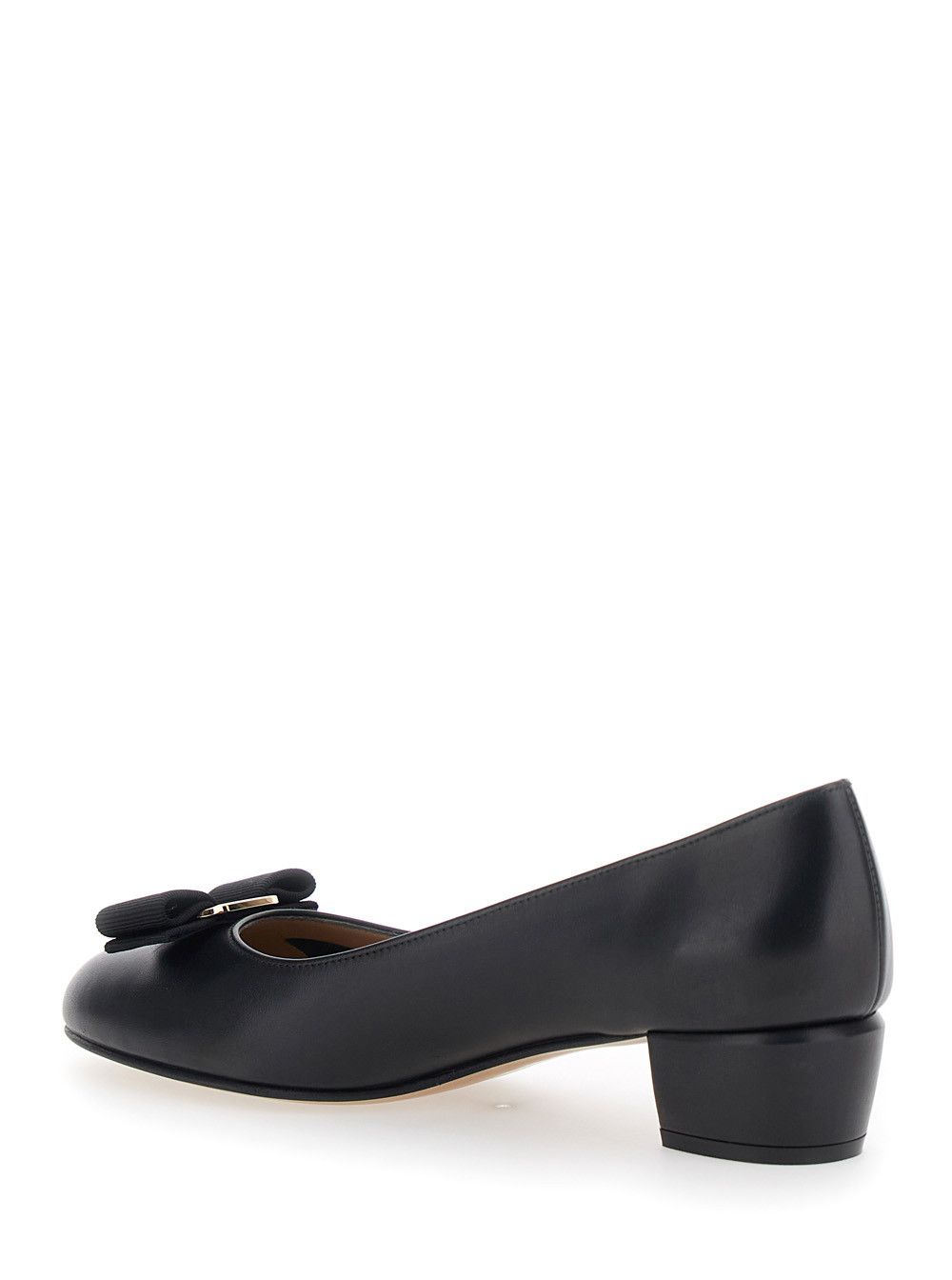 Salvatore Ferragamo Vara' Low Block Heel Pumps with Logo Plate on the Front in Black Leather for Women Size US 7.5 / IT 37.5 - 3 Thumbnail