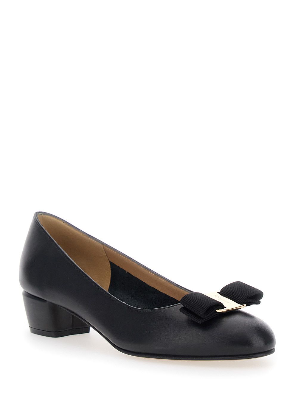 Salvatore Ferragamo Vara' Low Block Heel Pumps with Logo Plate on the Front in Black Leather for Women Size US 8.5 / IT 38.5 - 2 Thumbnail