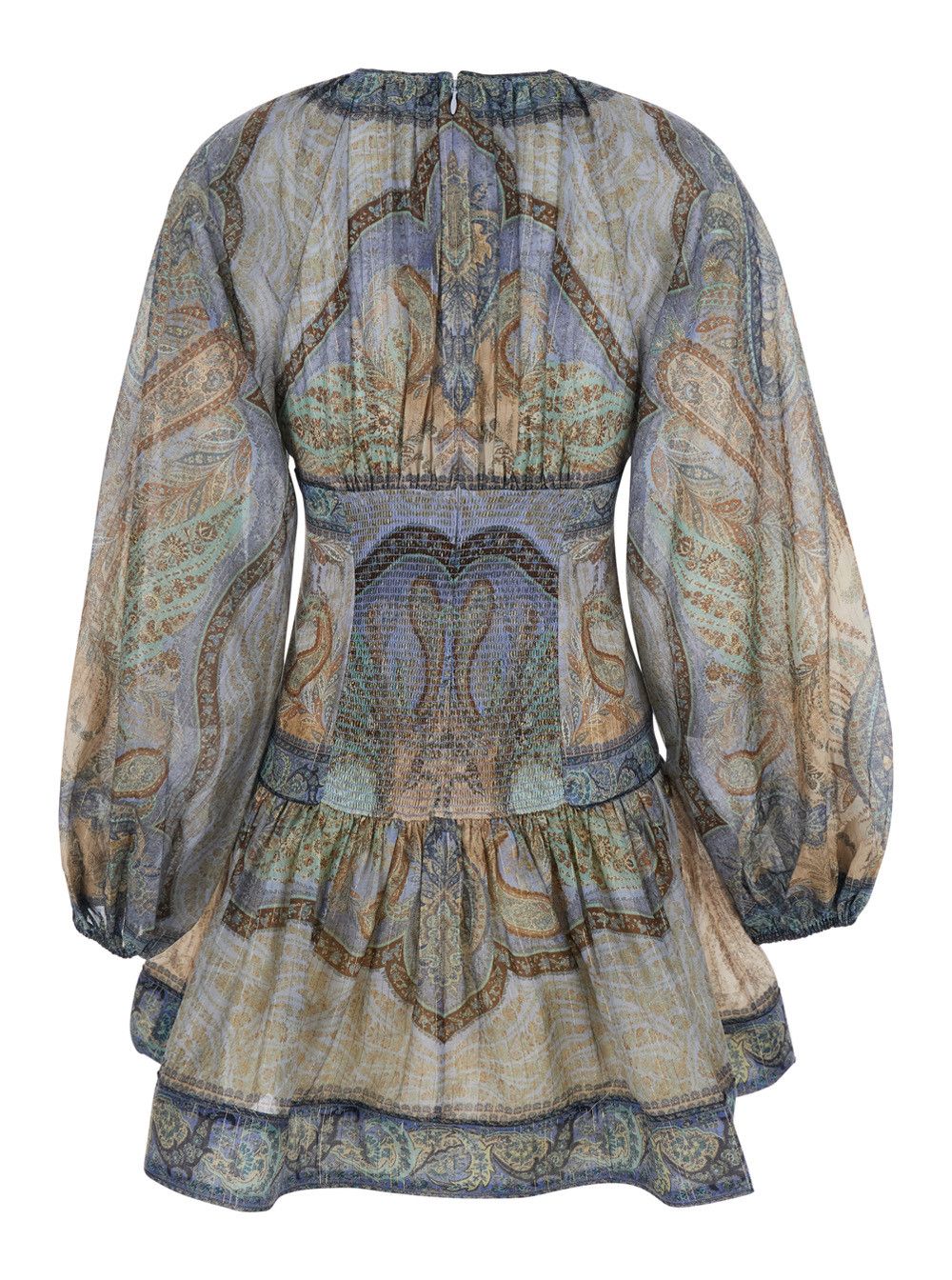Zimmermann Dress Mini 'Wanderlust' Crew Neck with Long Balloon Sleeves and All-Over Print in Cotton and Silk Blend Multicolor Women Size L / US 10 / IT 46 - 2 Thumbnail