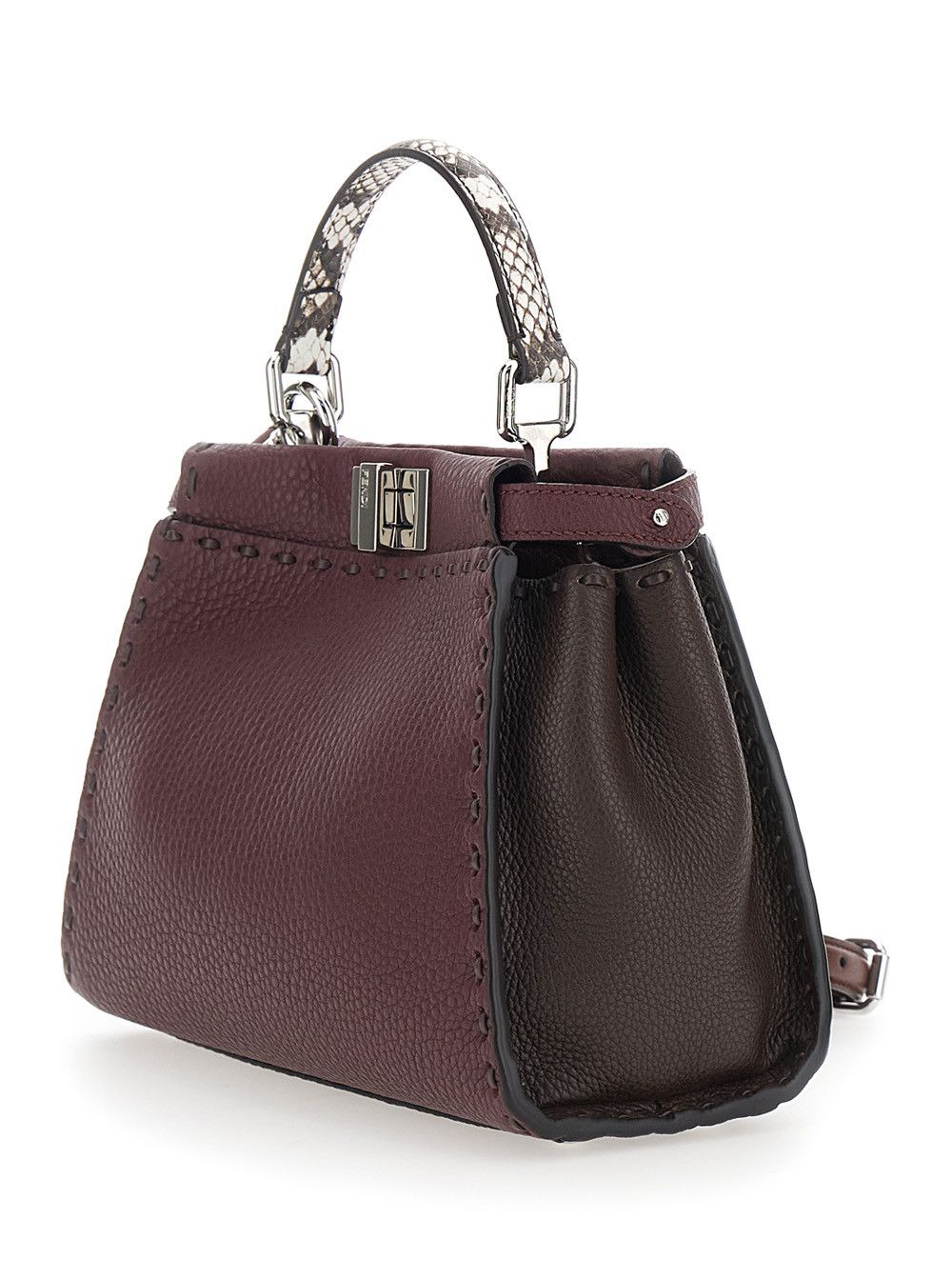 Fendi Bordeaux Peekaboo Tote Bag with Snakeskin Handle and Turn Lock Closure on Both Sides in Hammered Leather for Women Size ONE SIZE - 2 Thumbnail