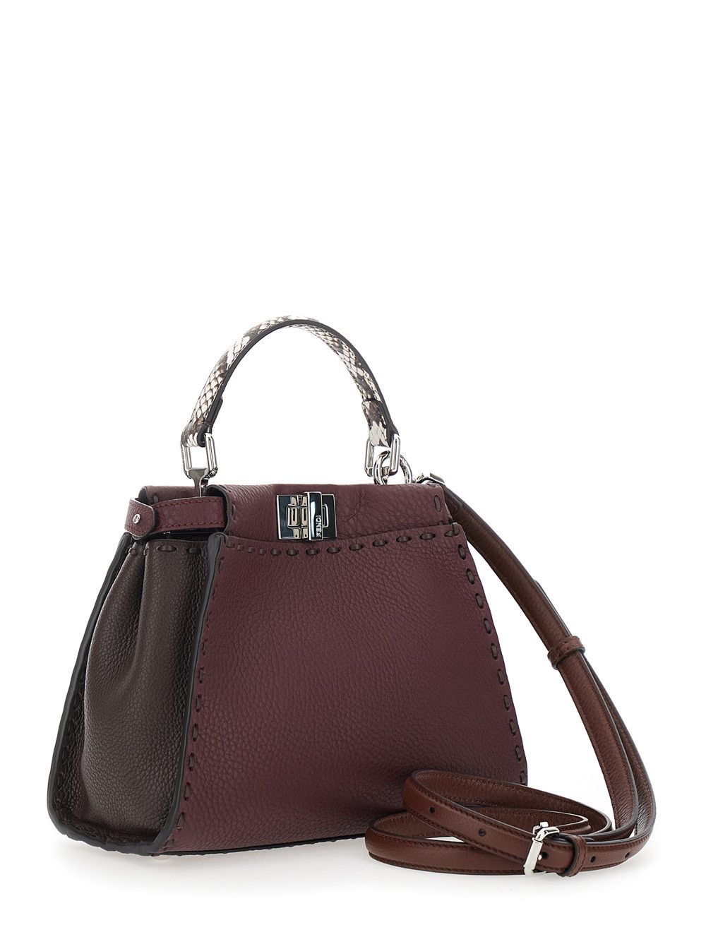 Fendi Bordeaux Peekaboo Tote Bag with Snakeskin Handle and Turn Lock Closure on Both Sides in Hammered Leather for Women Size ONE SIZE - 3 Thumbnail