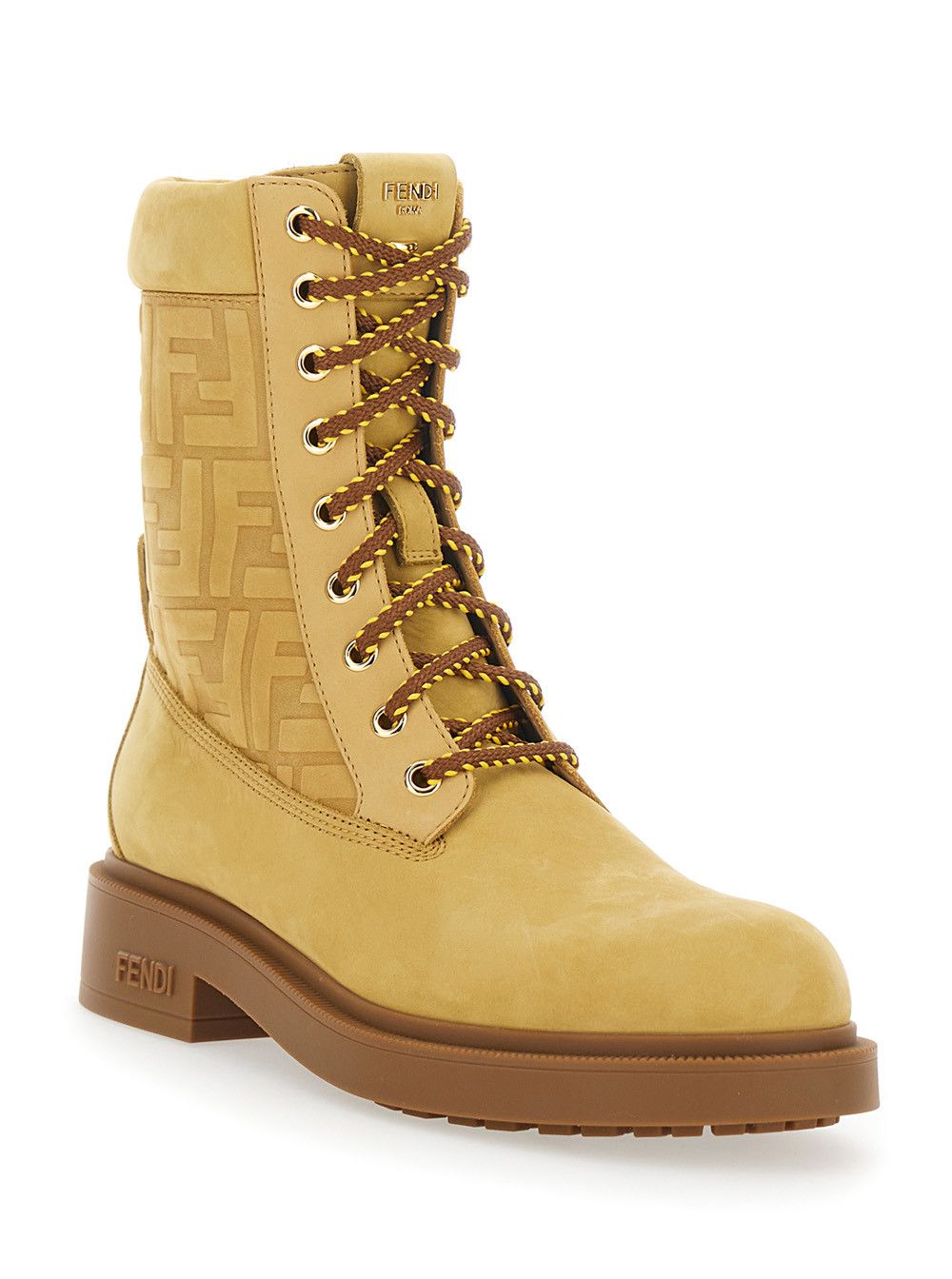 Fendi Yellow Combat Boots with Tone-on-Tone FF Motif and Side Logo in Leather for Women Size US 8 / IT 38 - 2 Thumbnail