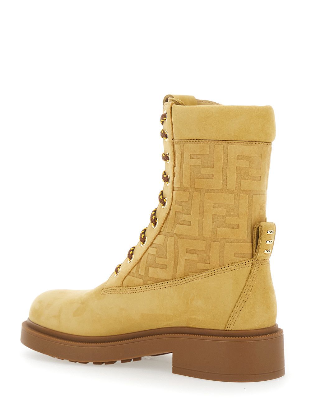 Fendi Yellow Combat Boots with Tone-on-Tone FF Motif and Side Logo in Leather for Women Size US 11 / IT 41 - 3 Thumbnail