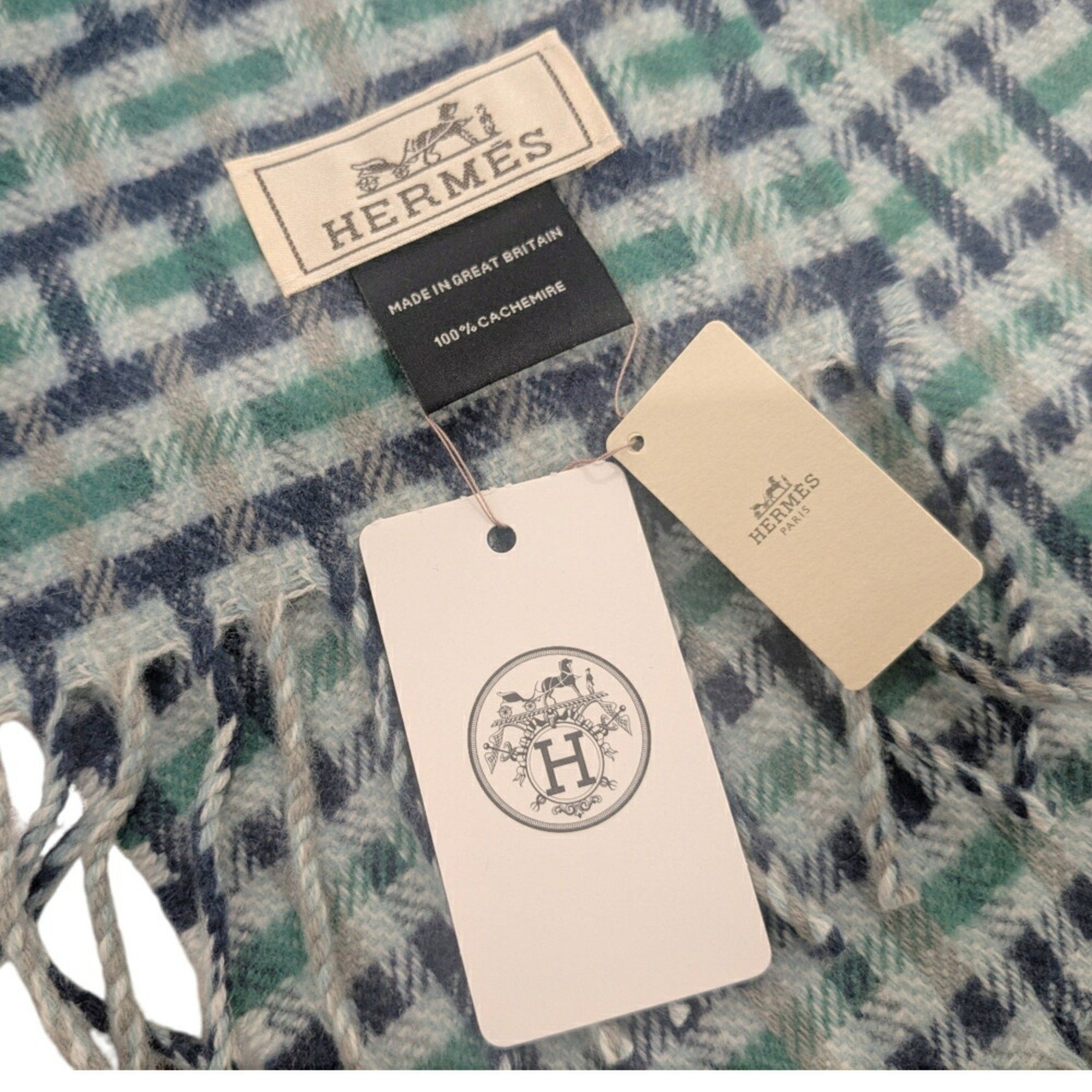 Hermes HERMES Scarf/Muffler H Ecosse Cashmere Check Pattern Green Blue Women's Men's Size ONE SIZE - 5 Thumbnail